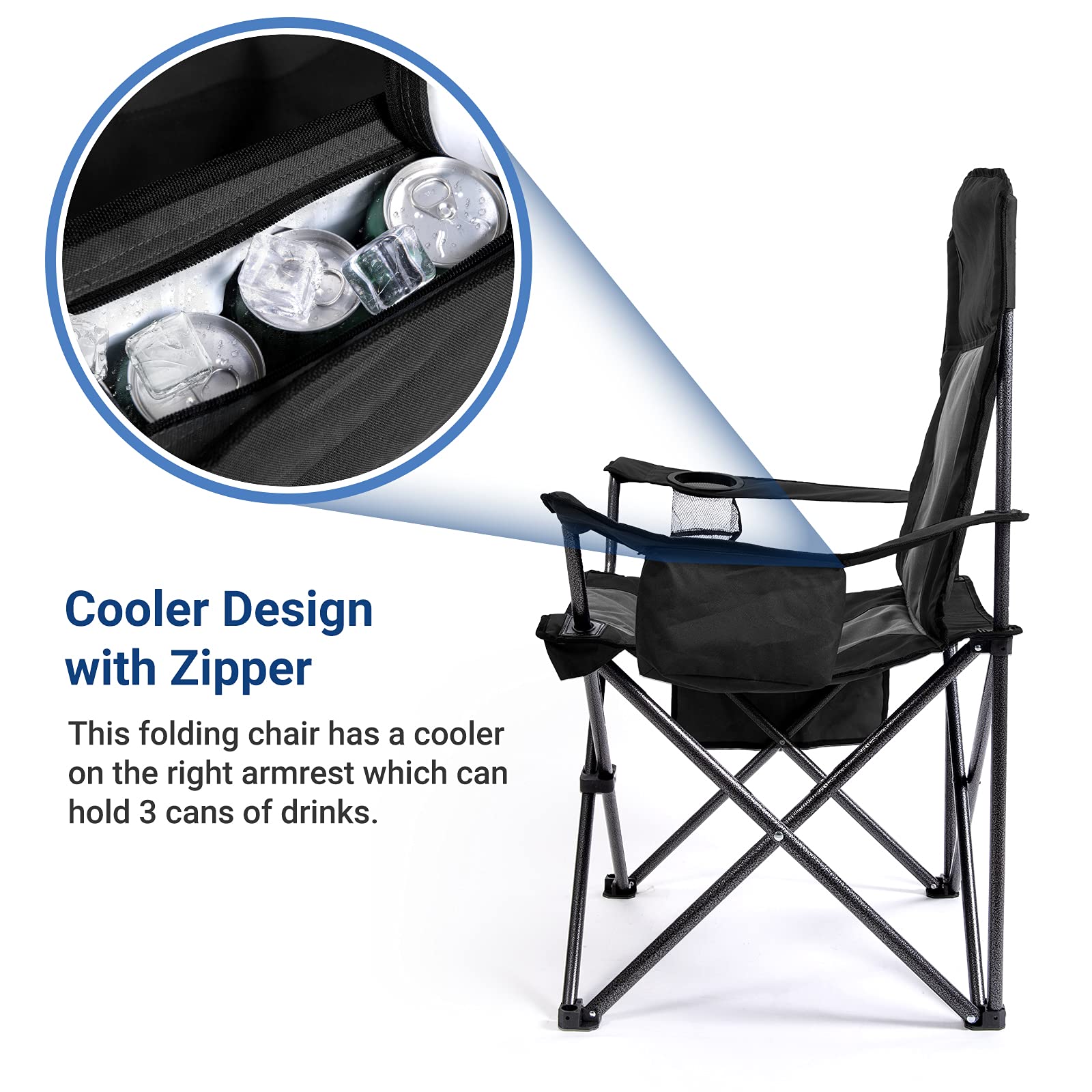 AsterOutdoor Heavy Duty Camping Folding Chair with Padded Seat, Large Cup Holders & Side Organizer - 350lbs Capacity for Backyard, Beach, Fishing, Picnics & Outdoor Events | Portable Quad Arm Chair with Back Pocket for Comfortable Relaxation