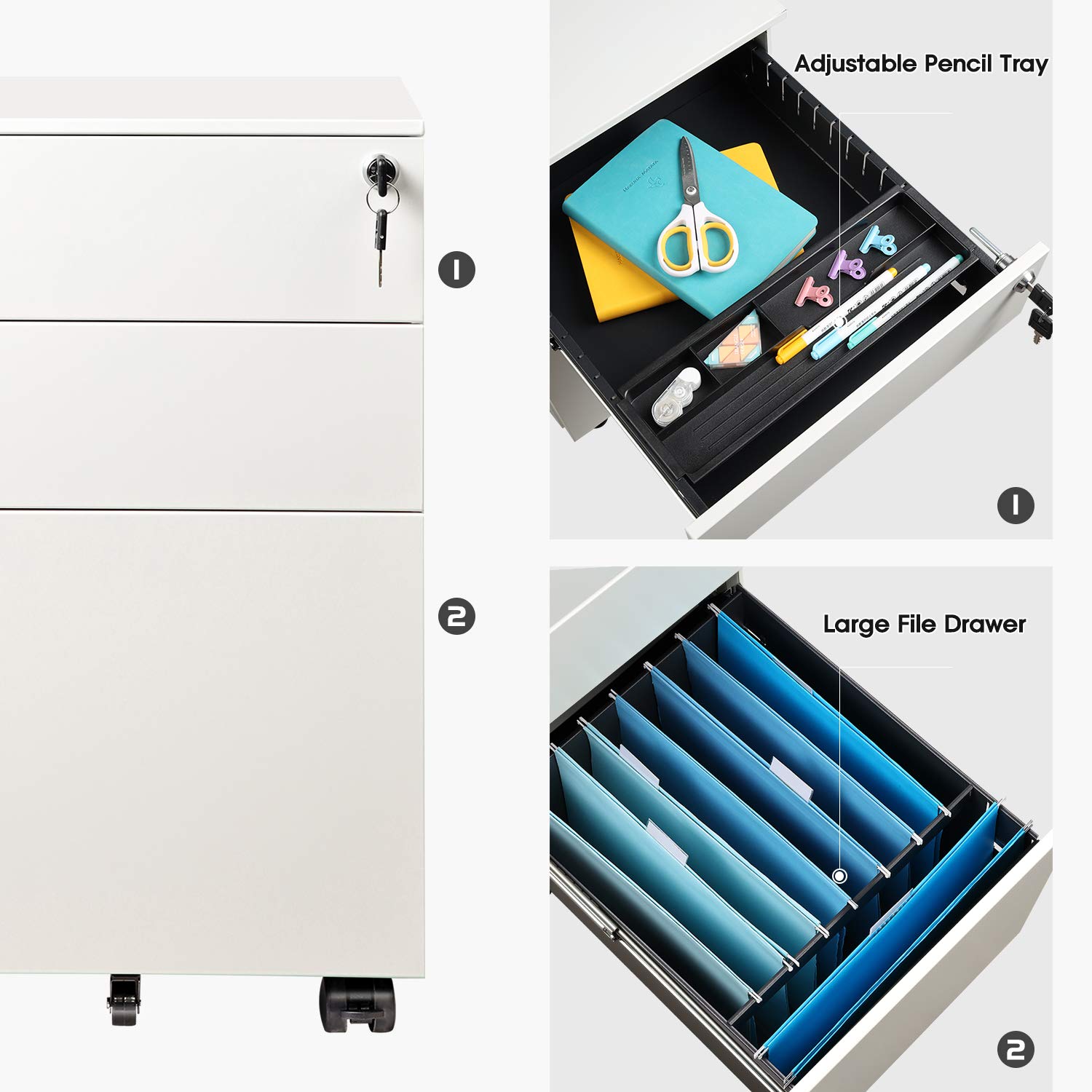 DEVAISE 3-Drawer Rolling File Cabinet with Lock - Fully Assembled Under Desk Storage Organizer for Home Office - White | Perfect for Document Organization & Small Space Storage Solutions