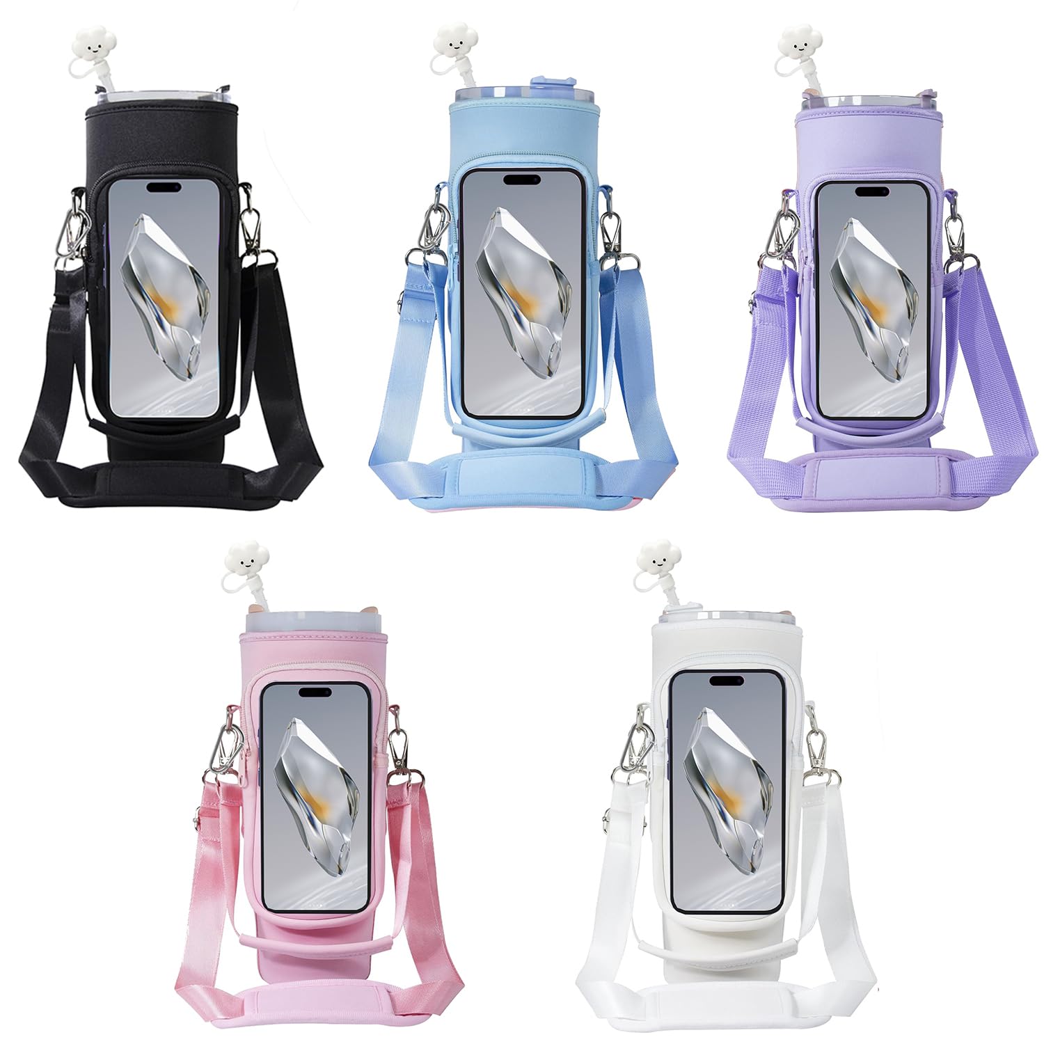 **Neoprene Water Bottle Holder Pouch with Adjustable Strap & Carabiner - Fits Stanley 40 oz Tumbler & Other Large Cups - Phone Pocket & Insulated Design for Gym, Hiking, Travel & Outdoor Activities**