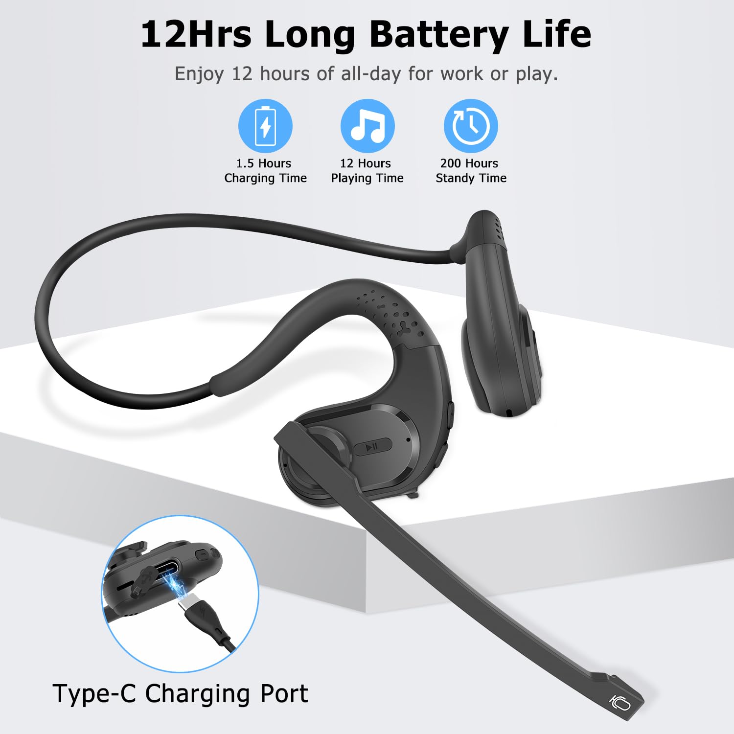 Friencity Open Ear Bluetooth Headset with Magnetic Boom Mic - Wireless Headphones for Phone Calls, PC, Laptop | DSP Noise Canceling Mic for Office Meetings, Running, Cycling | 12H Battery Life - Lightweight & Comfortable Design for All-Day Use