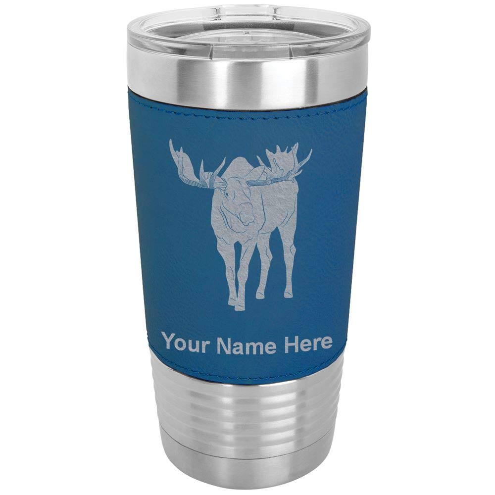 LaserGram 20oz Vacuum Insulated Stainless Steel Tumbler Mug with Personalized Engraving - Leakproof Travel Coffee Cup for Office, Camping & Outdoor Activities (Faux Leather Handle, Moose Design, Blue)