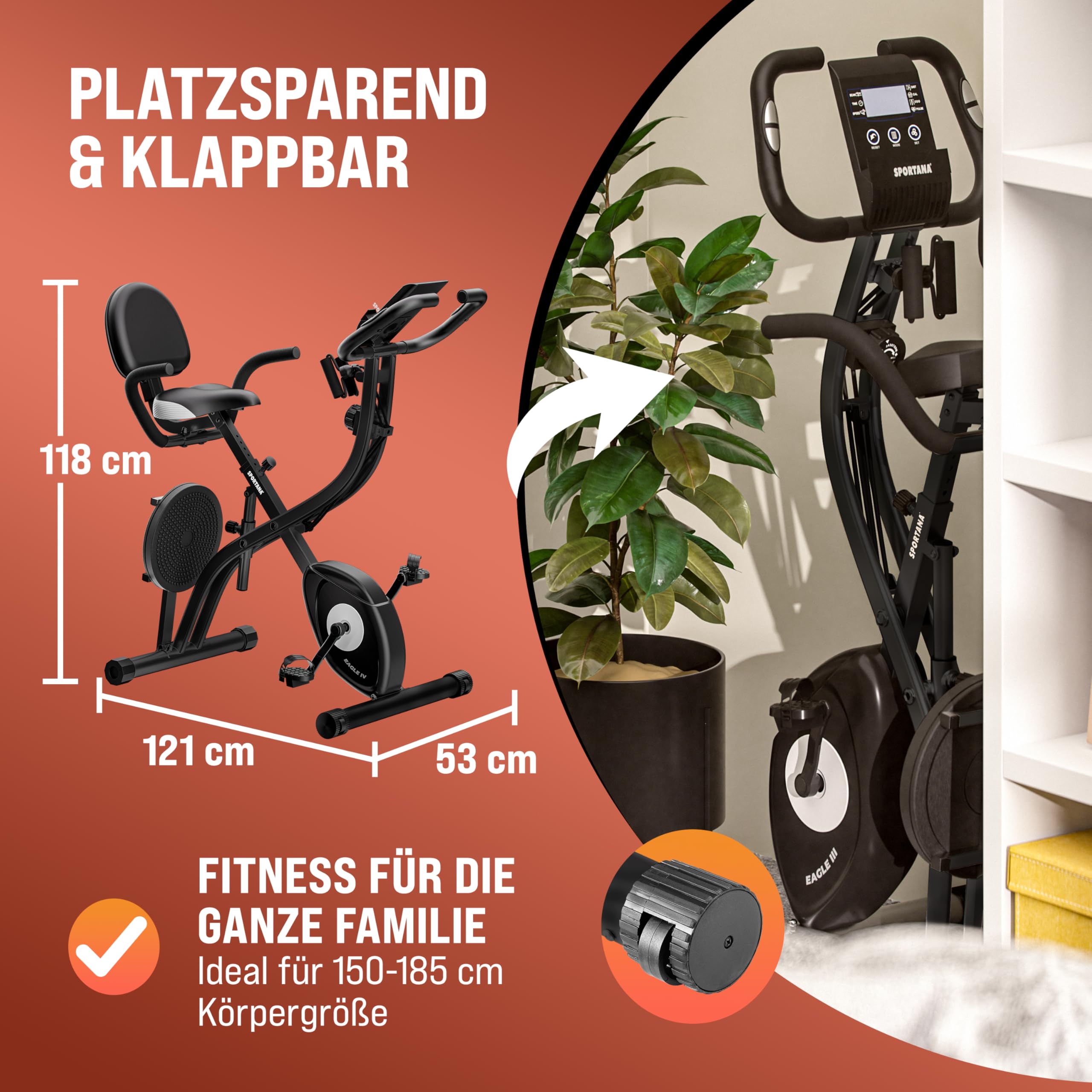 SPORTANA® Foldable Exercise Bike for Home Gym - 140KG Weight Capacity, 7 Seat Heights, LCD Display, Training APP, 2 Resistance Bands - 4-in-1 Cardio Machine for Indoor Cycling & Full-Body Workout (Ideal for Small Spaces, Home Fitness & Apartment Workouts)