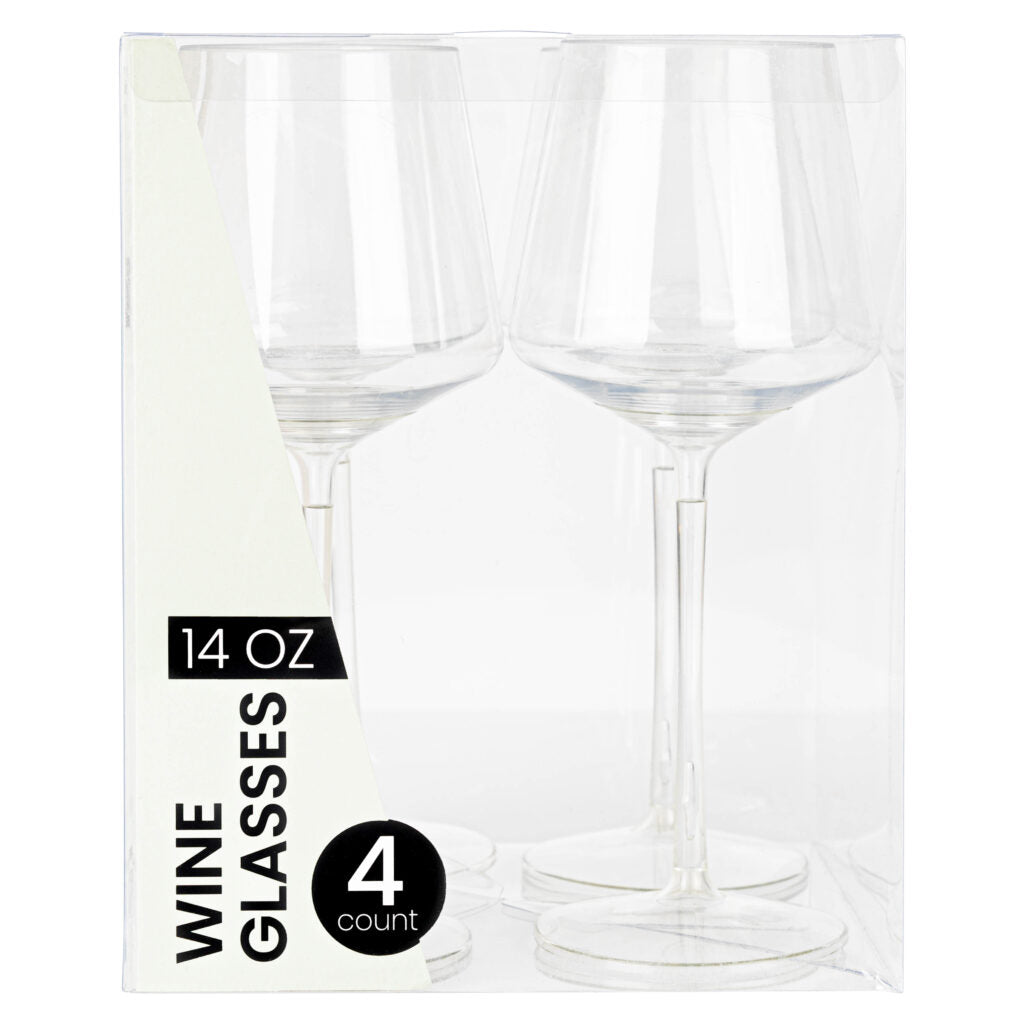14 oz Clear HIP Plastic Stemmed Wine Goblets - Set of 4 Shatterproof Cups for Outdoor Parties, Picnics, and Wedding Receptions