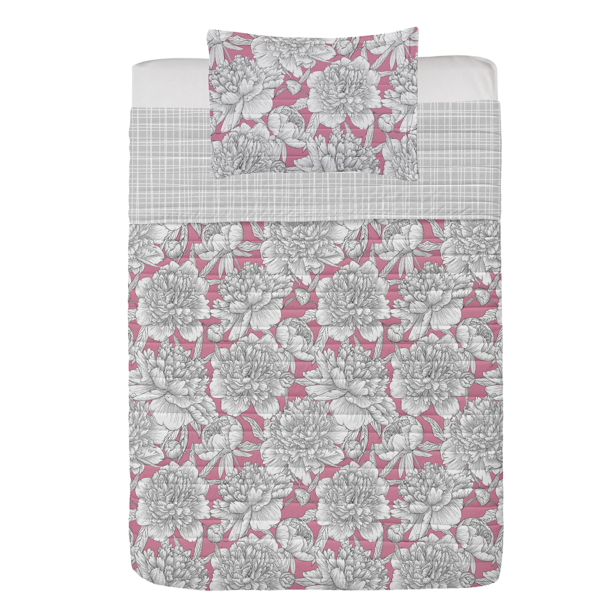 Ambesonne Floral Reversible Bedspread Set - Hand Drawn Rose, Chamomile & Peonies Design, Microfiber Comforter with Pillow Shams, Twin Size, Pink Pearl - Perfect for Spring Bedroom Decor & Boho Chic Home Styling