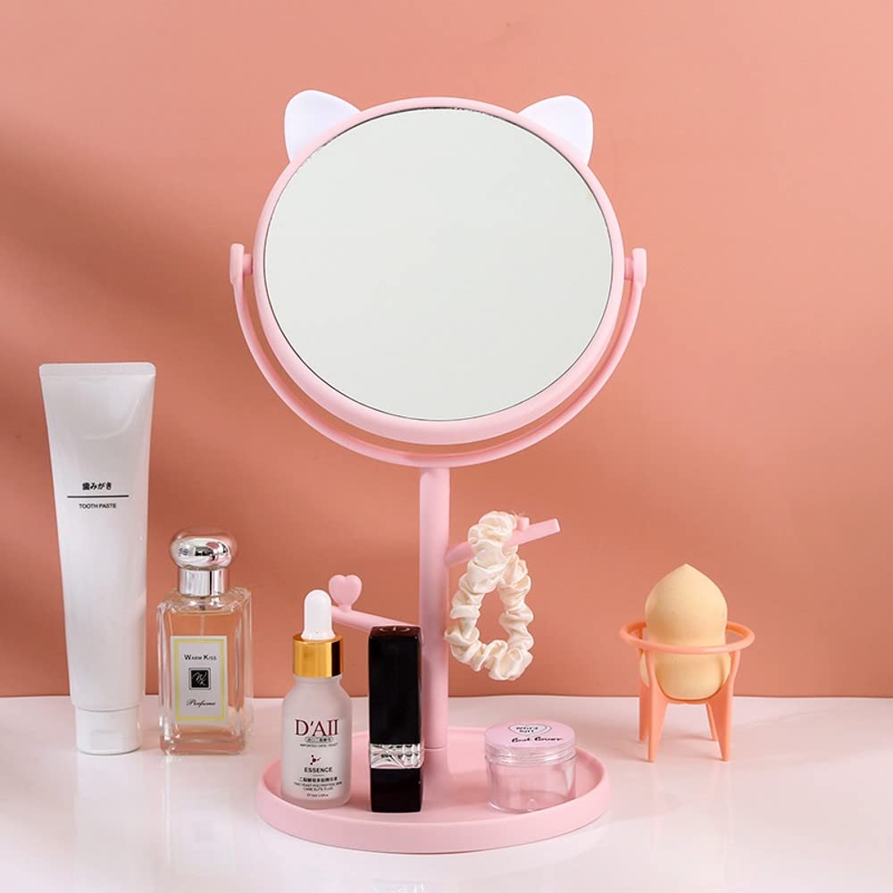 Cute Cat Ears Vanity Mirror - Folding Desk Mirror for Makeup & Freestanding Use | Pastel Pink Cosmetic Mirror for Bedroom, Bathroom & Dressing Table | Portable Compact Mirror with Adjustable Angle