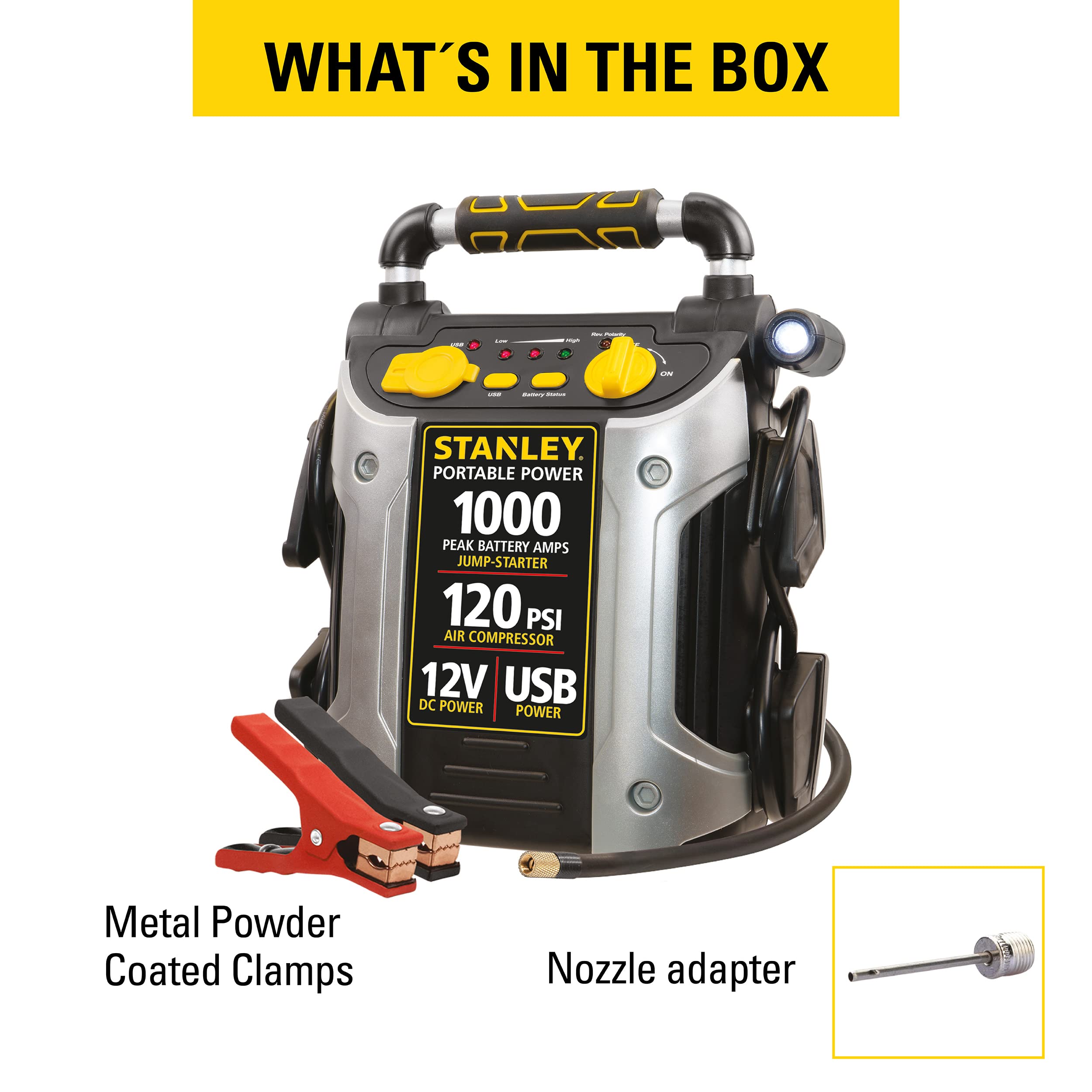 STANLEY J5C09 1000 Peak Amp Portable Power Station Jump Starter with 120 PSI Air Compressor & USB Port - Emergency Car Battery Booster for Roadside Assistance, Camping, and Outdoor Adventures