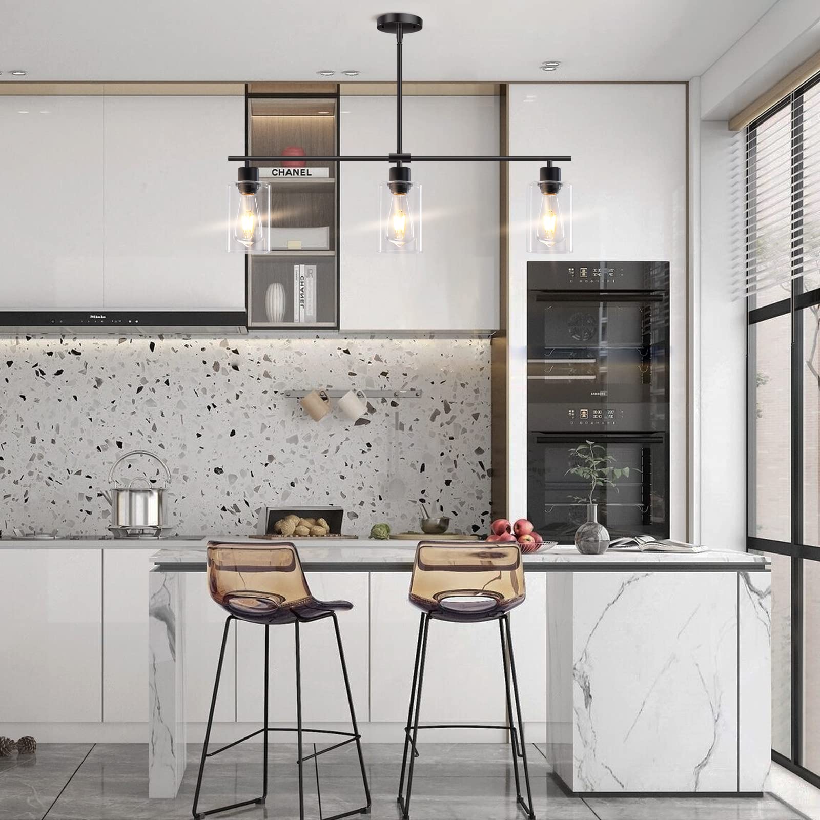 Modern Black 3-Light Linear Chandelier - Rectangle Pendant Lighting Fixture with Glass Shades for Kitchen Island, Dining Room & Farmhouse Decor | Perfect for Breakfast Nooks, Open Concept Kitchens and Rustic Dining Areas