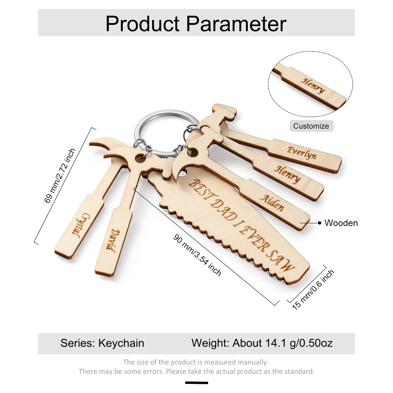 Custom Engraved Wooden Keychain - Personalized Saw & Hammer Design with 1-6 Names - Unique Father's Day Gift for Dad - Perfect for DIY Enthusiasts, Carpenters & Tool Lovers