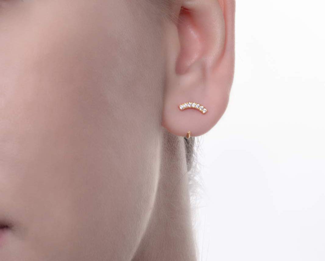 Elegant 9K 14K 18K Solid Gold Diamond Curved Bar Earrings for Women - Tiny Hoop Huggie Earrings, Minimalist Open Hoop Jewelry - Perfect for Weddings, Parties & Everyday Wear