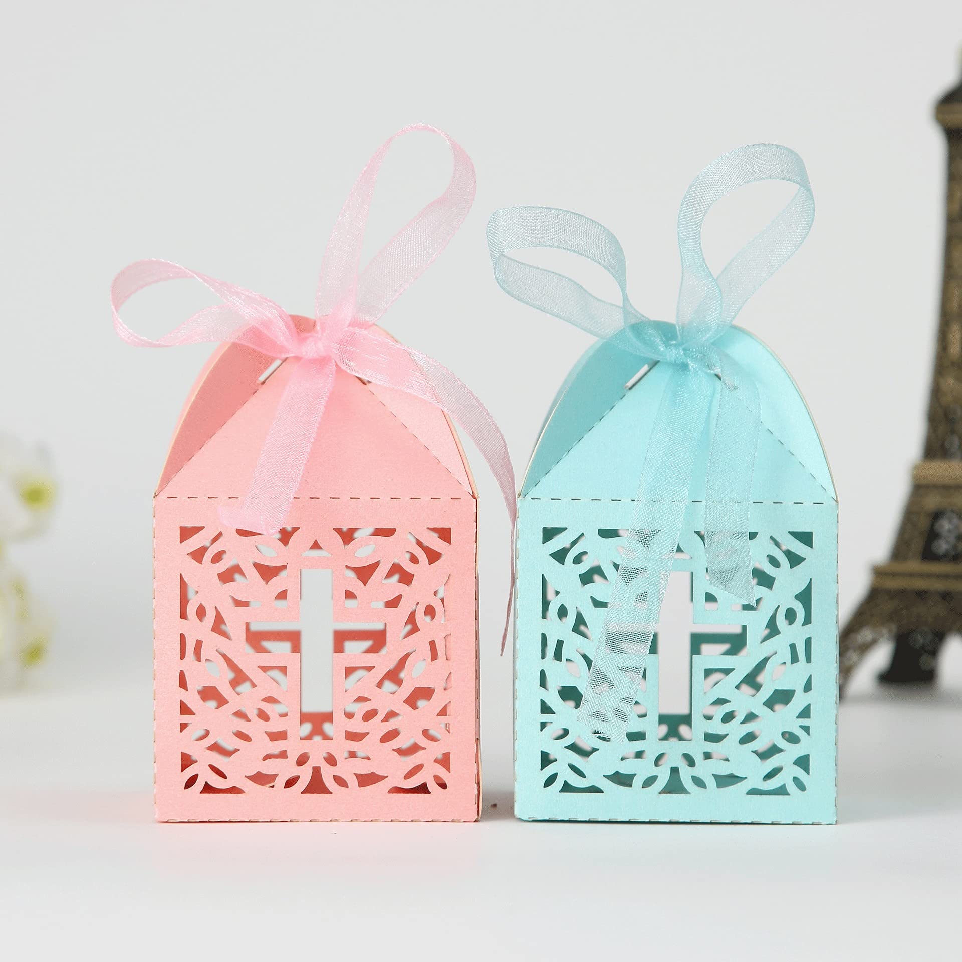 VIVIQUEN Laser Cut Cross Favor Boxes - 50 Ribbons Included for Baby Shower, Christening, Wedding Party Decorations (Baby Pink) | Elegant Baptism Favors & Bomboniere Gift Boxes for Religious Celebrations