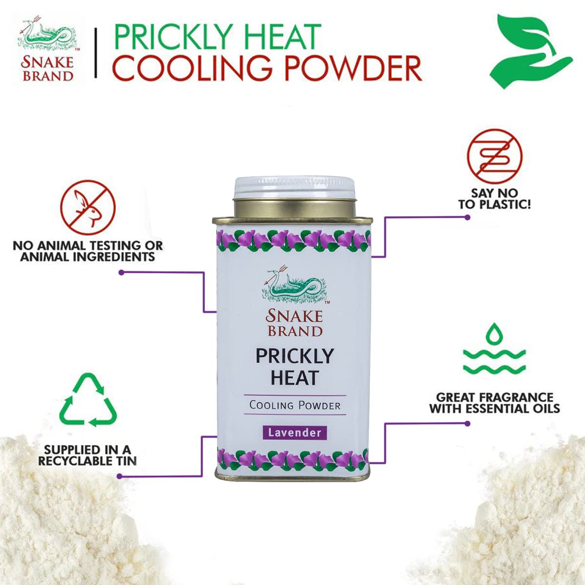 Snake Brand Prickly Heat Cooling Talcum Powder - French Lavender Scent, 50g (Pack of 4) | Heat Rash Treatment & Body Cooling Powder for Summer, Gym & Outdoor Activities | Soothing Relief for Hot Weather & Skin Irritation