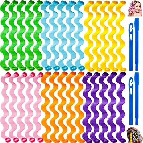30 Pieces Spiral Hair Curlers Set with 2 Styling Hooks - No Heat Natural Curling Rollers for Women & Girls (30cm) - Perfect for Overnight Curls, Beach Waves & Everyday Hairstyling