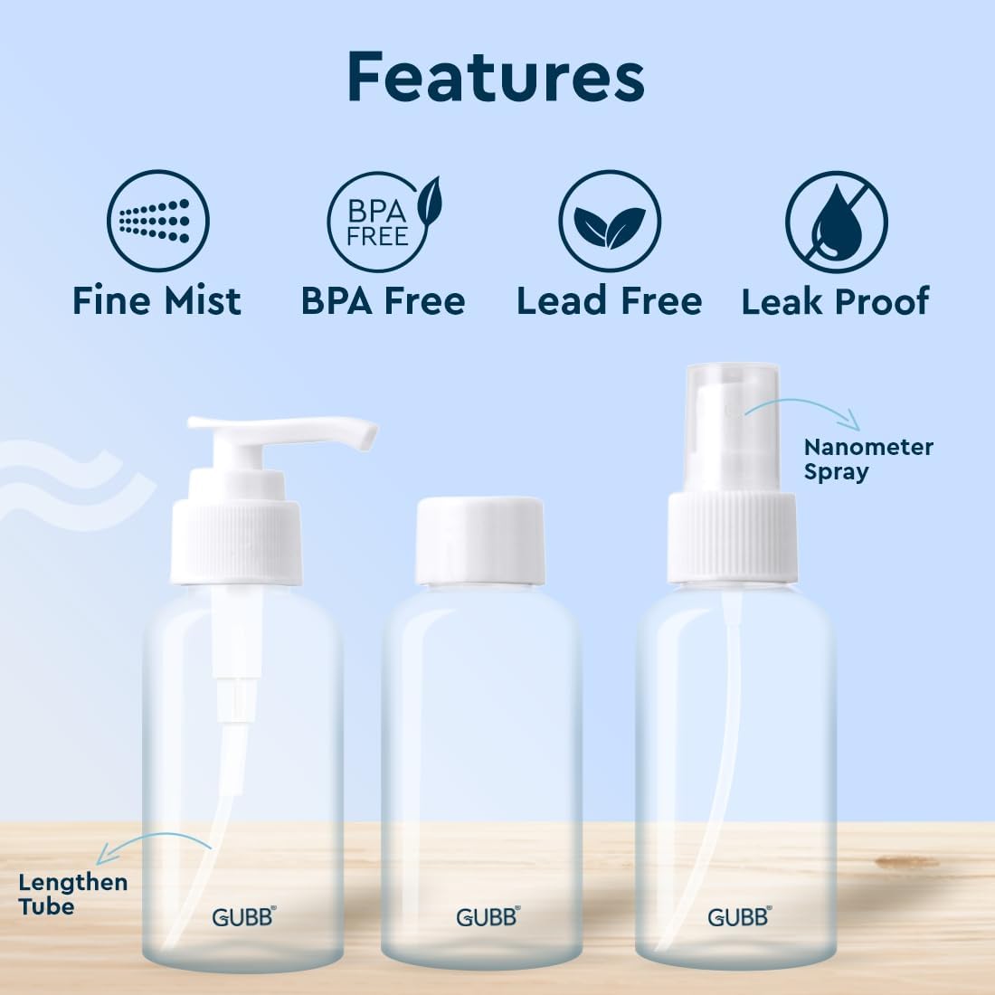 GUBB Travel Bottle Set - Leak Proof Refillable Toiletries Bottles with Pump, Spray & Cap for Shampoo, Lotion & Cosmetics | Perfect for Air Travel, Gym & Vacation Essentials