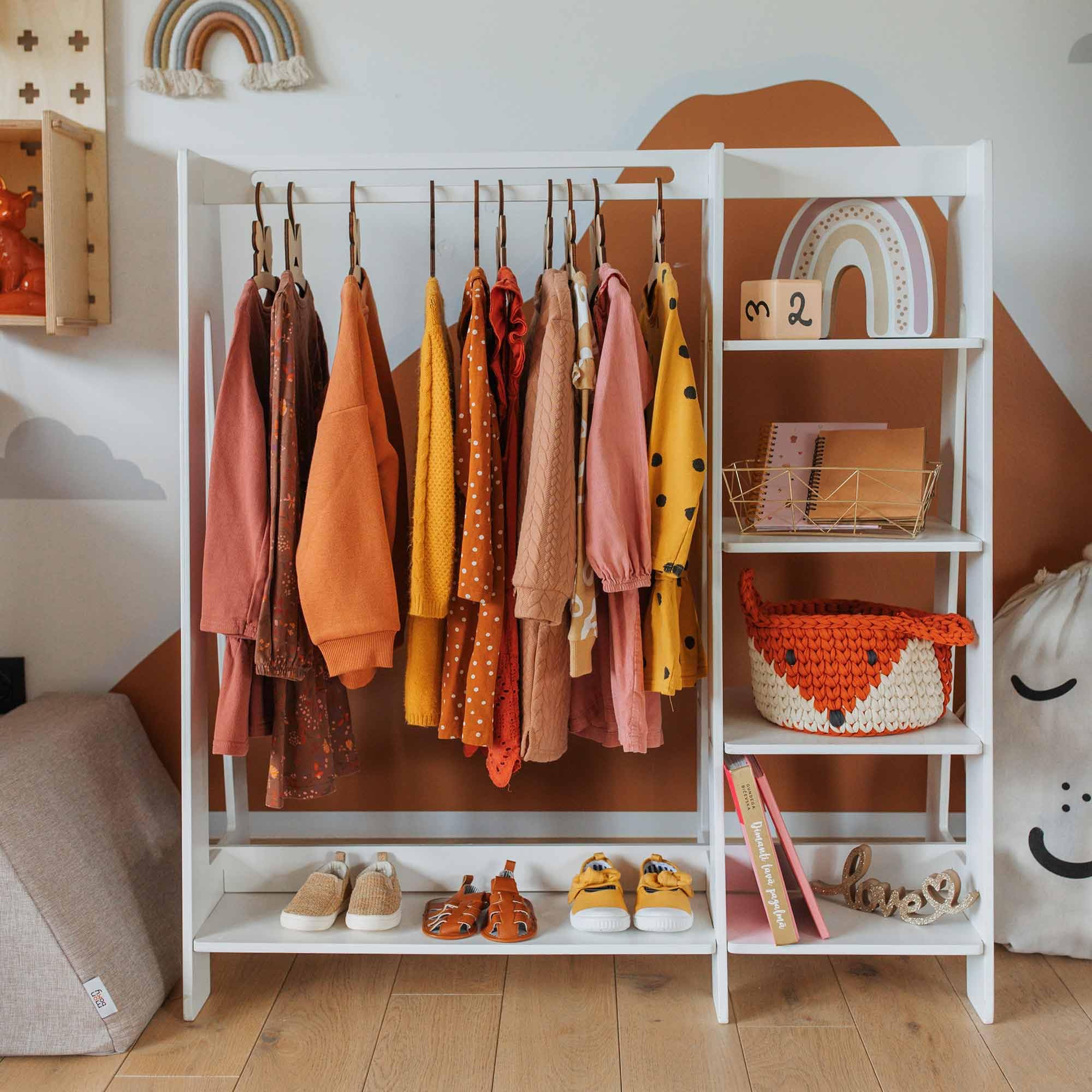 Montessori Kids Clothes Rack - Adjustable Toddler Wardrobe for Dress-Up & Playroom Organization - Perfect for Home, Daycare & Retail Display - Sturdy Wooden Hanger for Children's Clothing Storage