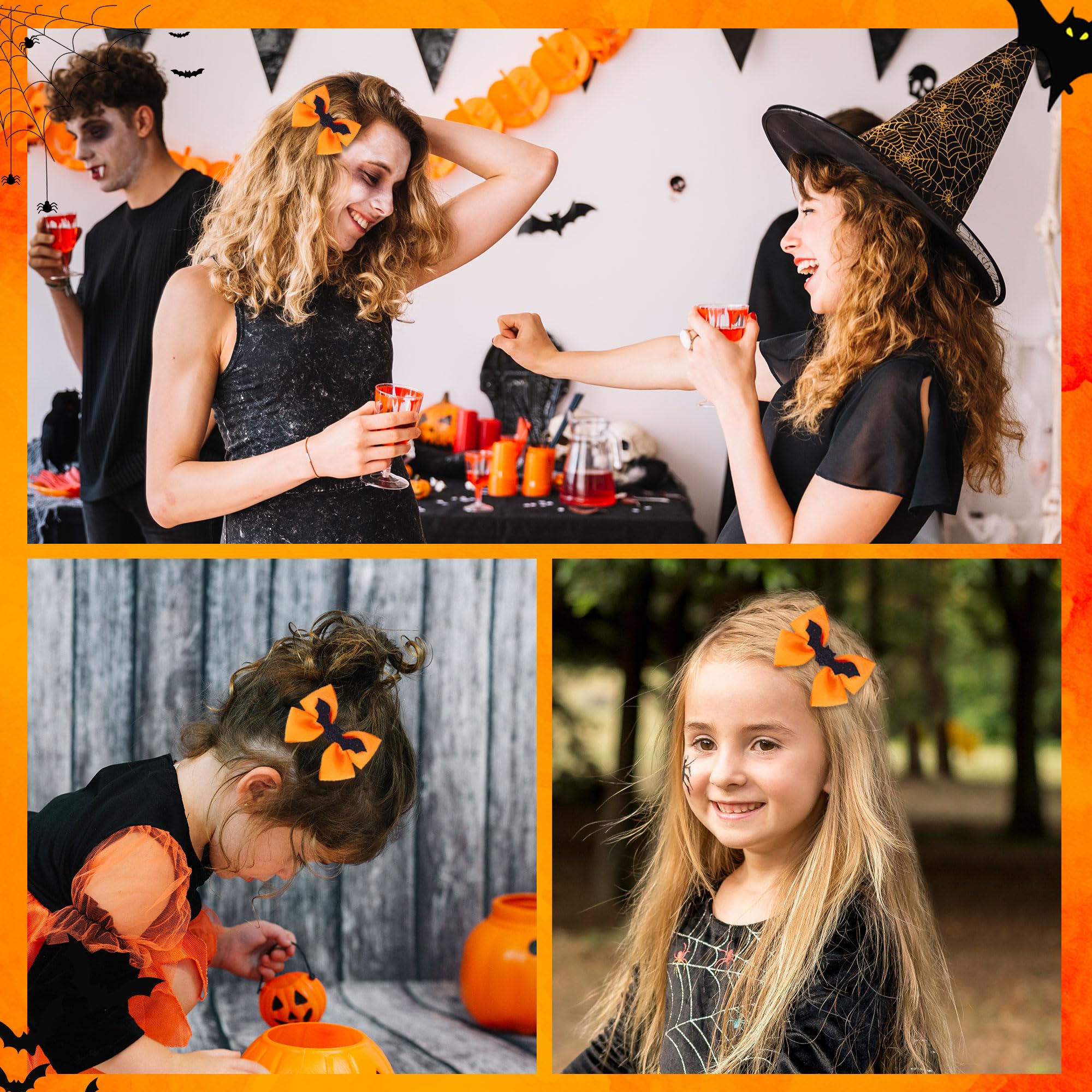 Glitter Bat Hair Clips for Girls - Halloween Bat Hair Bow Clips Handmade with Grosgrain Ribbon, Cute Hair Accessories for Kids Costume Party Trick or Treat - Perfect for Halloween Outfits, School Events & Cosplay (Orange)