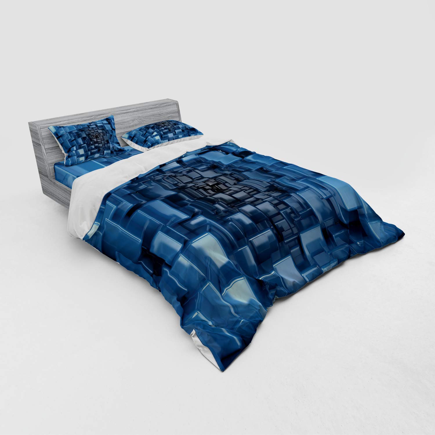 Ambesonne Abstract Geometric Bedding Set - 4 Piece Queen Duvet Cover with Shams & Fitted Sheet - Digital Cube Pattern in Blue - Modern Home Decor for Bedroom & Guest Room