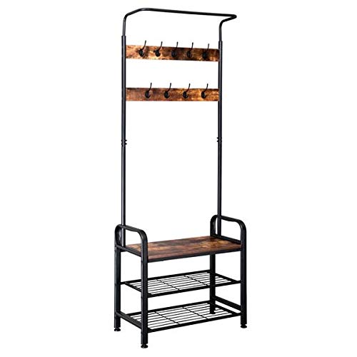Rustic Industrial Coat Rack Hall Tree with Shoe Bench - Entryway Organizer with Hooks & Storage Shelf for Hallway, Bedroom & Living Room - Easy Assembly Home Furniture for Small Spaces & Apartment Entryways