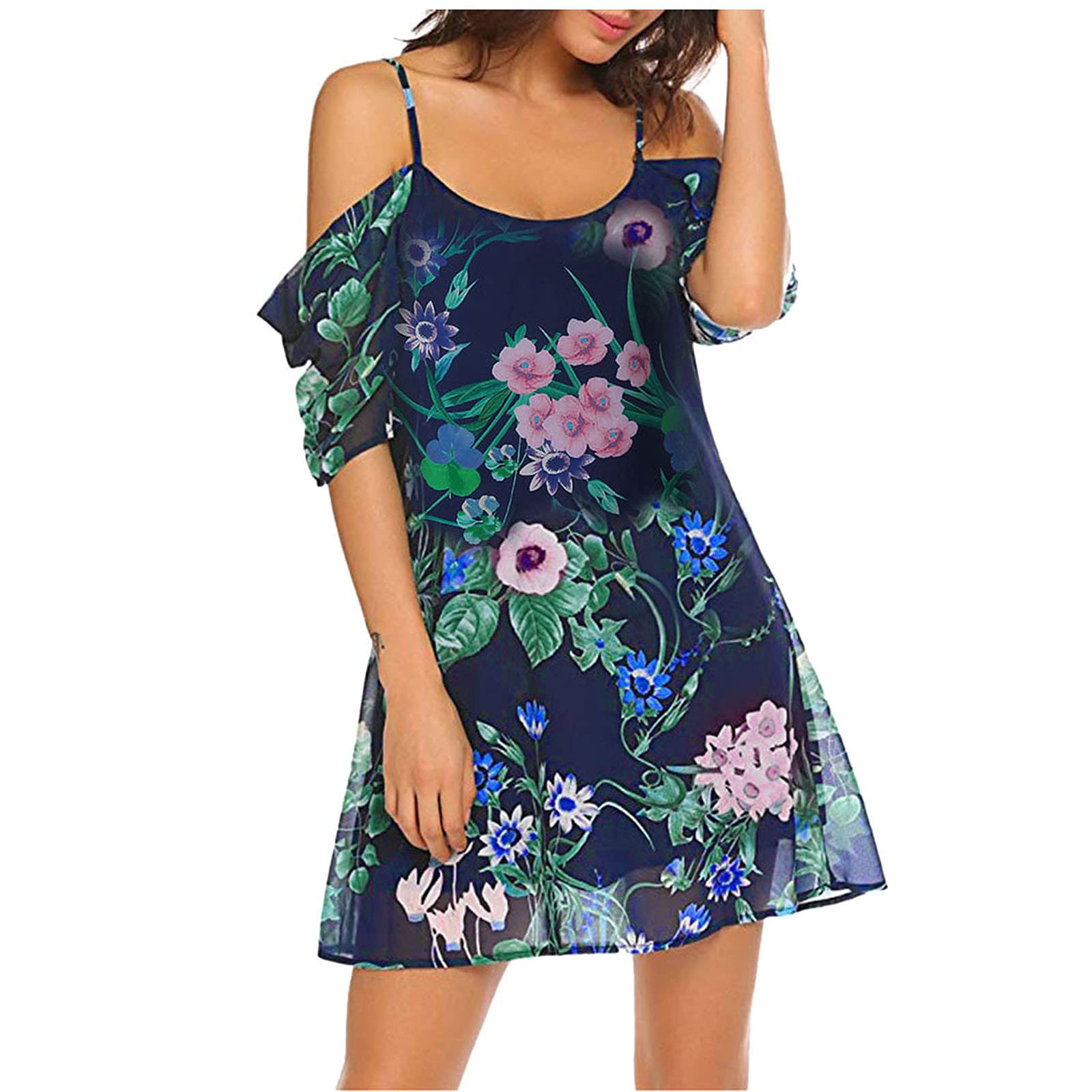 Howley Women's Summer Casual Cold Shoulder Beach Sundress - Short Sleeve Floral Mini Dress for Vacation, Pool Party & Outdoor Date