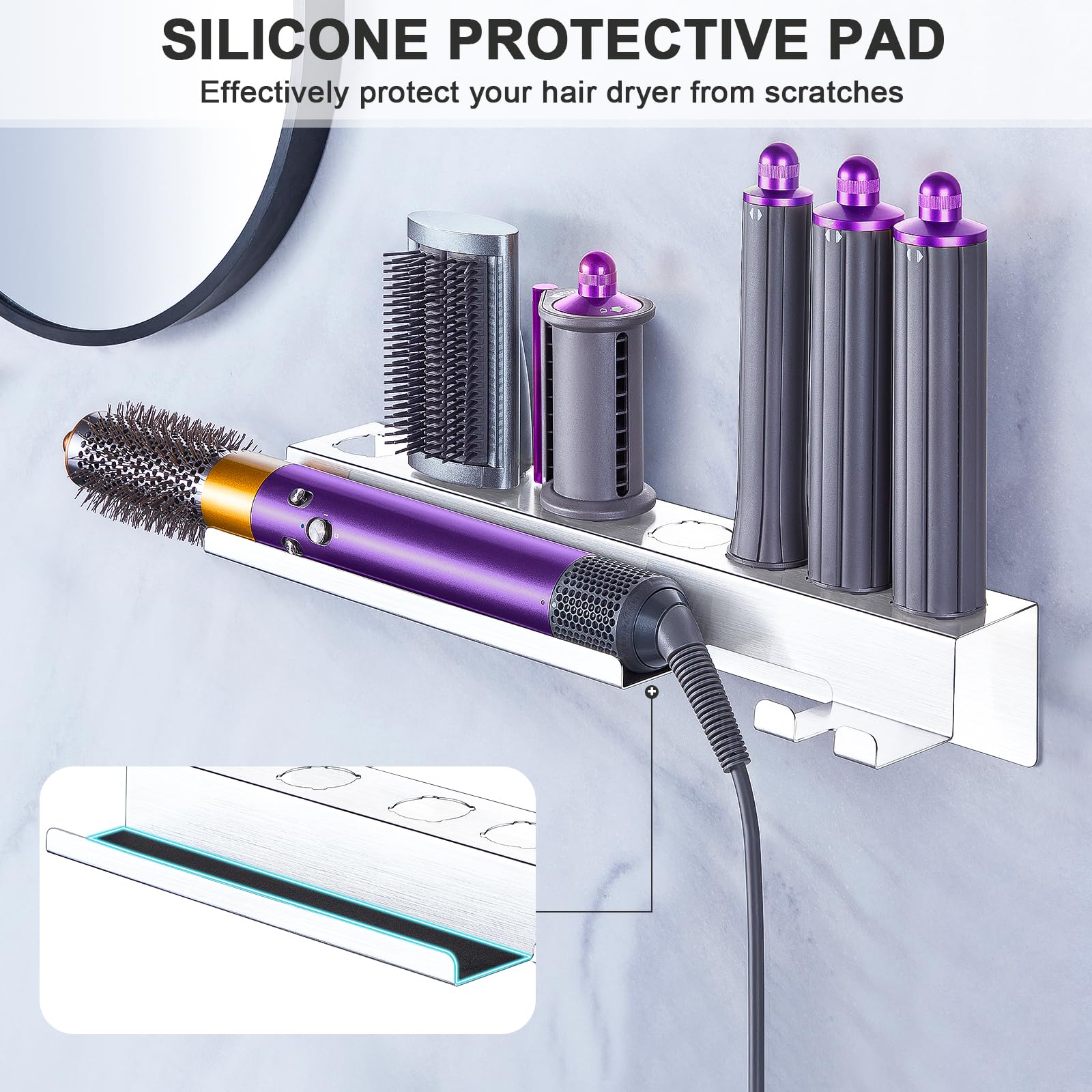 **Wall Mounted Hair Dryer Holder - 7-in-1 Styler & Curling Iron Organizer with Adhesive Backing - Bathroom Storage for Blow Dryers, Straighteners & Hair Tools (Perfect for Small Spaces & Clutter-Free Vanities)**