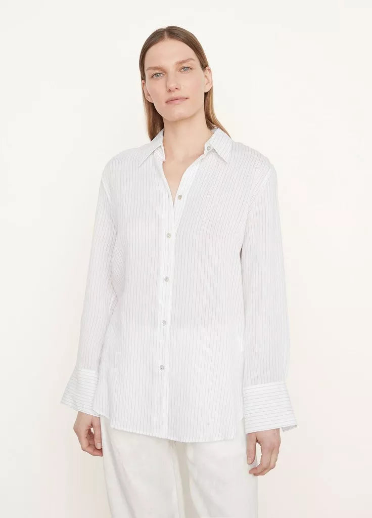 Men's Fine Stripe Relaxed Long Sleeve Casual Shirt - Optic White & Black Stripe - Perfect for Office, Business Meetings & Smart Casual Outfits