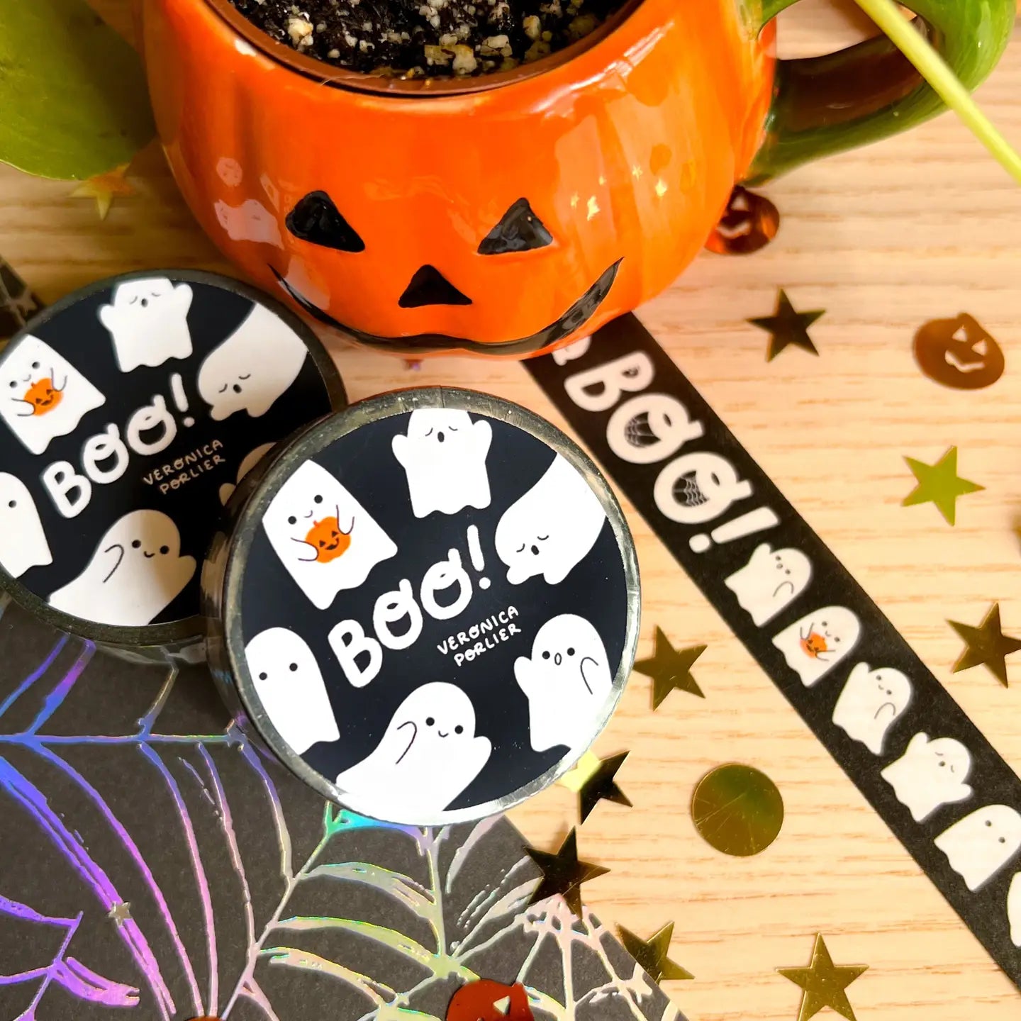 Boo! Ghost Washi Tape - Halloween Scrapbooking Supplies, Cute Ghost Pattern Decorative Tape for DIY Crafts, Journaling, Planner Stickers, Gift Wrapping & Party Decorations