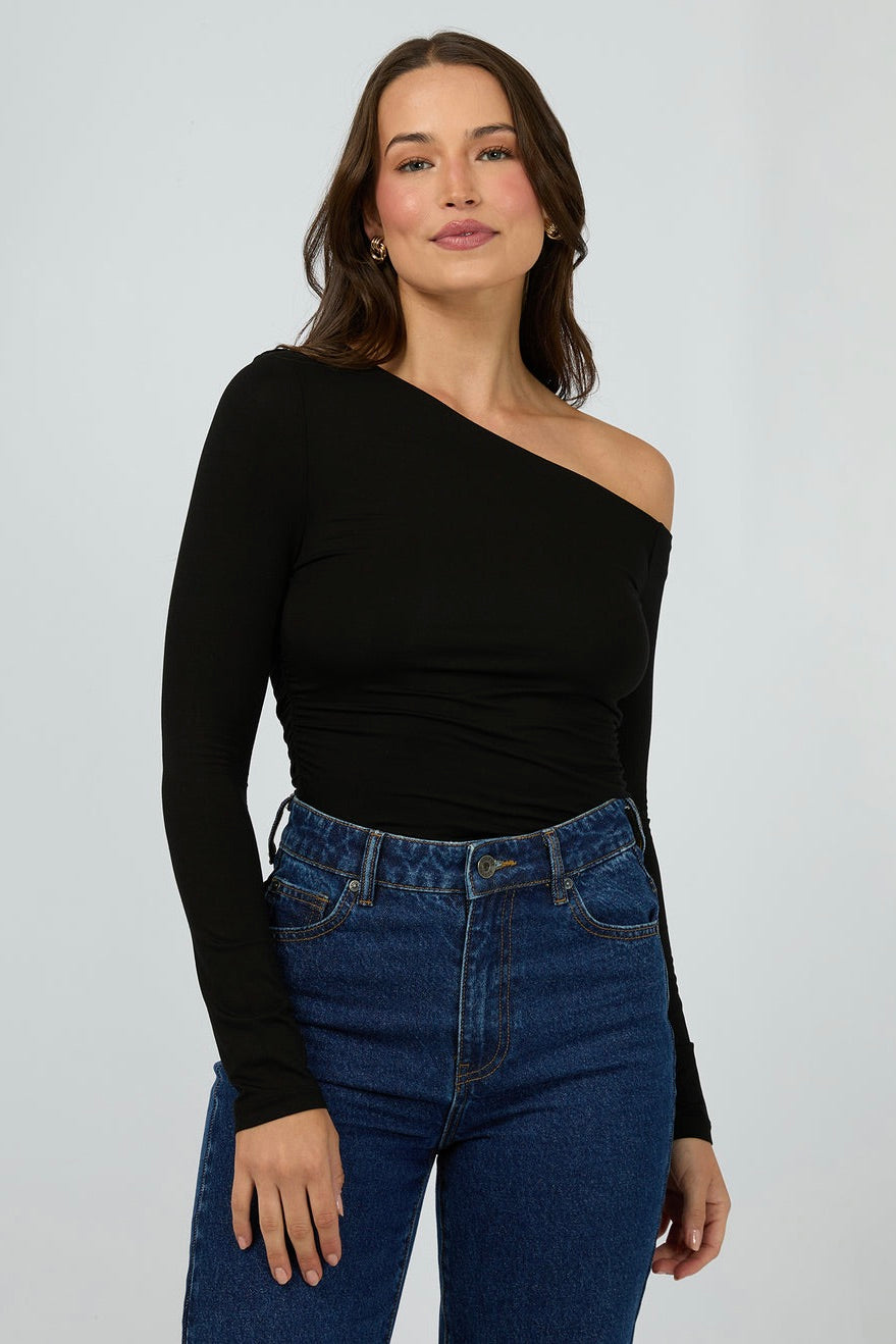 Evie Black Ruched Off Shoulder Long Sleeve Top for Women | Elegant Party & Date Night Outfit | Perfect for Evening Events, Cocktail Parties & Special Occasions