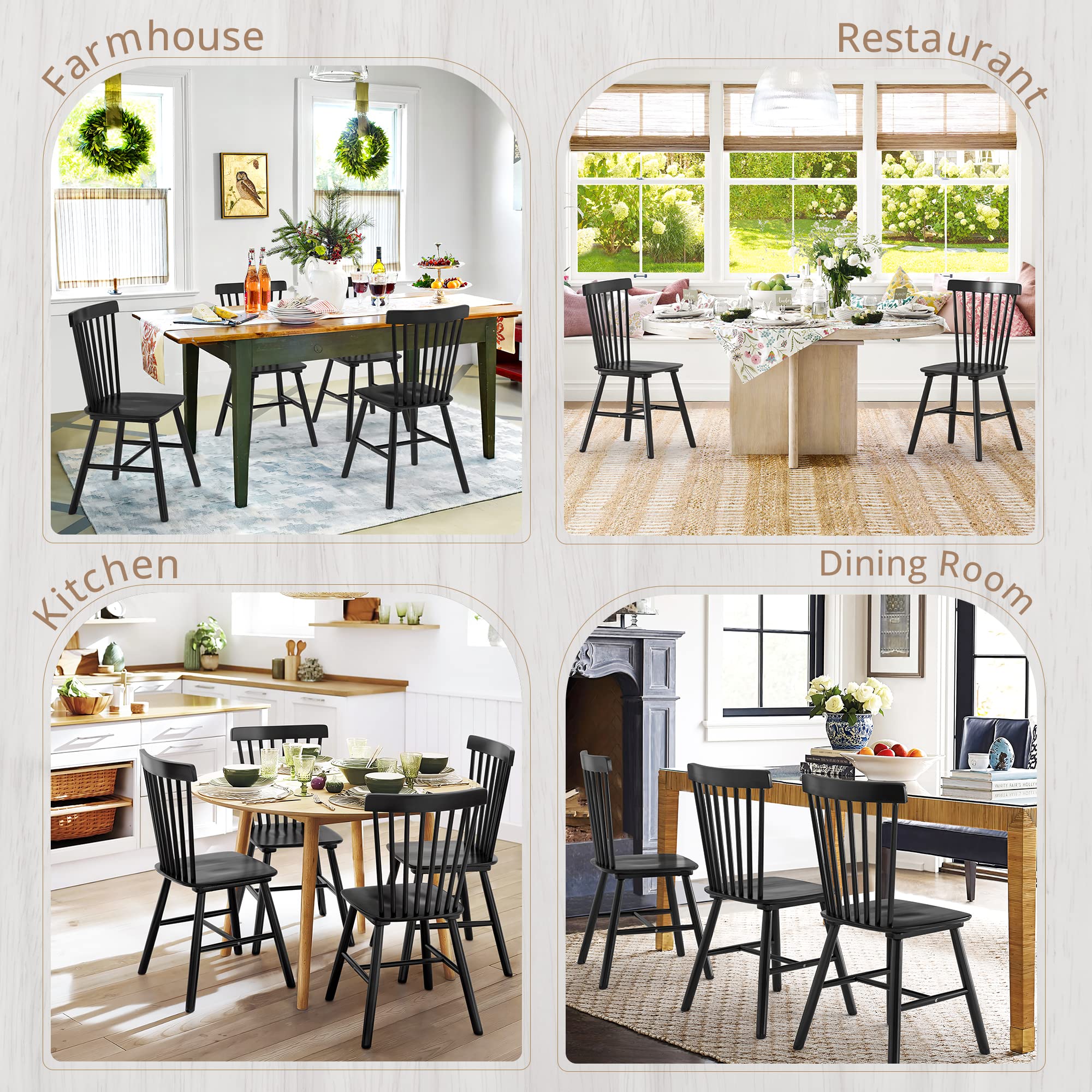 LUE BONA Windsor Dining Chairs Set of 2 - Solid Wood Spindle Back Farmhouse Style Kitchen & Dining Room Chairs in Black - Perfect for Country Homes, Breakfast Nooks, and Rustic Decor