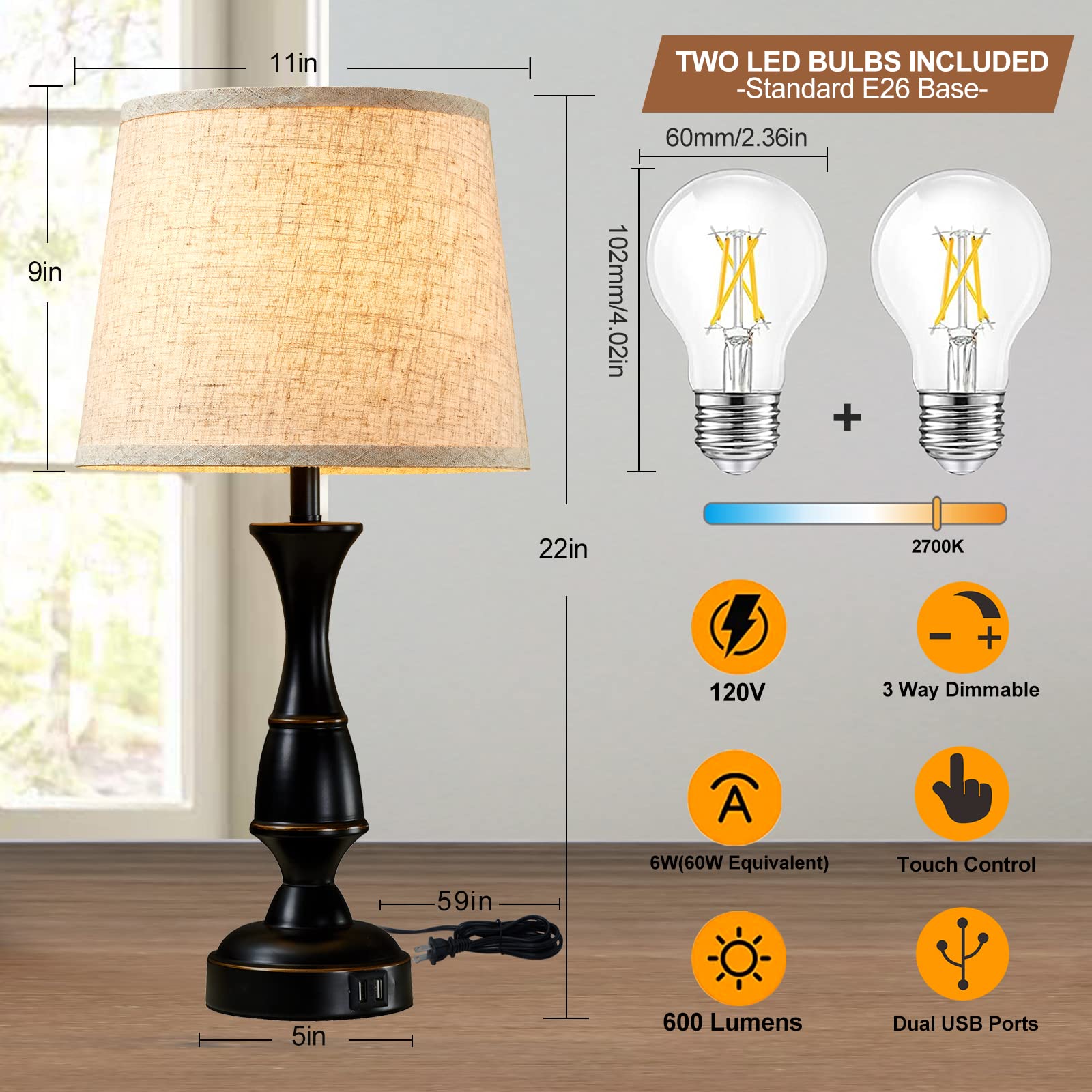 GyroVu Set of 2 Touch Control Table Lamps - 3-Way Dimmable Bedside Lamps with USB Charging Ports for Bedroom, Living Room & Office (Black, Bulbs Included) | Perfect for Night Reading, Home Decor & Workspace Lighting