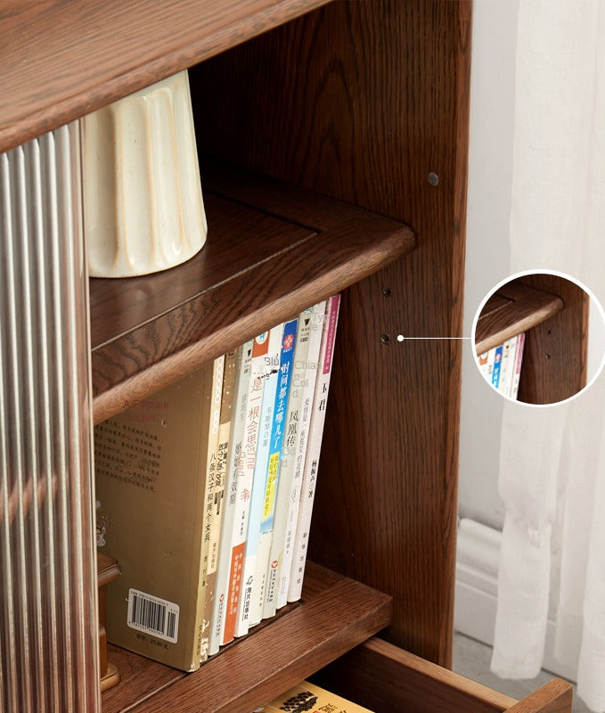 Solid Oak Wood Side Cabinet with Glass Door - Small Bookcase for Living Room, Bedroom & Office Storage