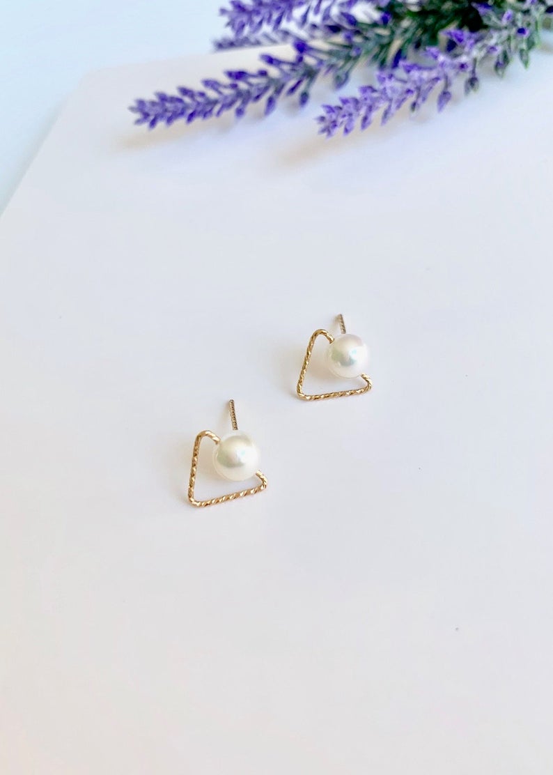 14K Gold Freshwater Pearl Geometric Stud Earrings - Triangle Design for Women, Bridal Party Gifts, Wedding, Anniversary & Special Occasions