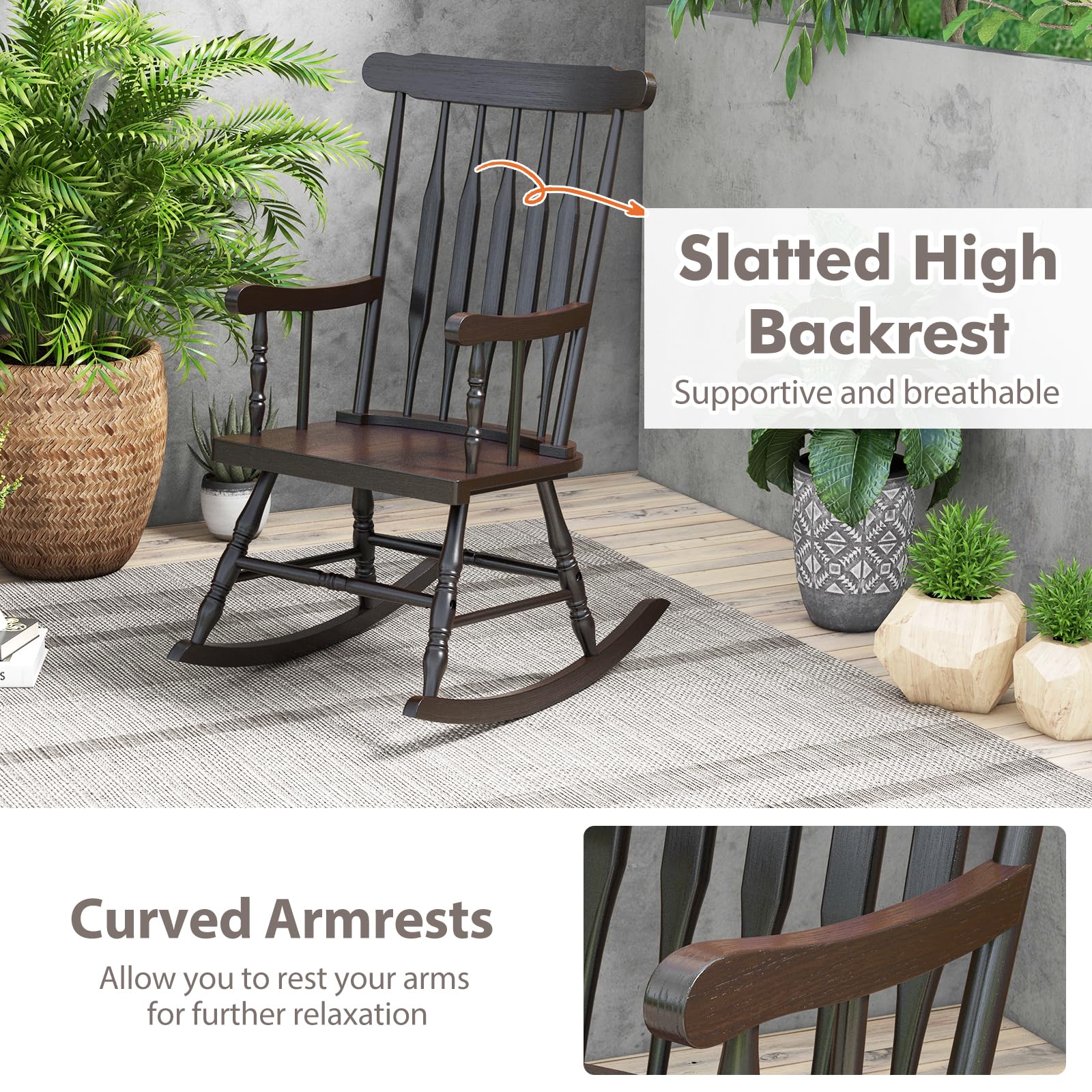 Tangkula Solid Rubber Wood Patio Rocking Chair - Outdoor Porch Rocker with Durable Wood Frame - Indoor/Outdoor Wooden Rocking Chair for Garden, Backyard, Balcony & Living Room - Comfortable Seating for Relaxation (2-Pack, Espresso)