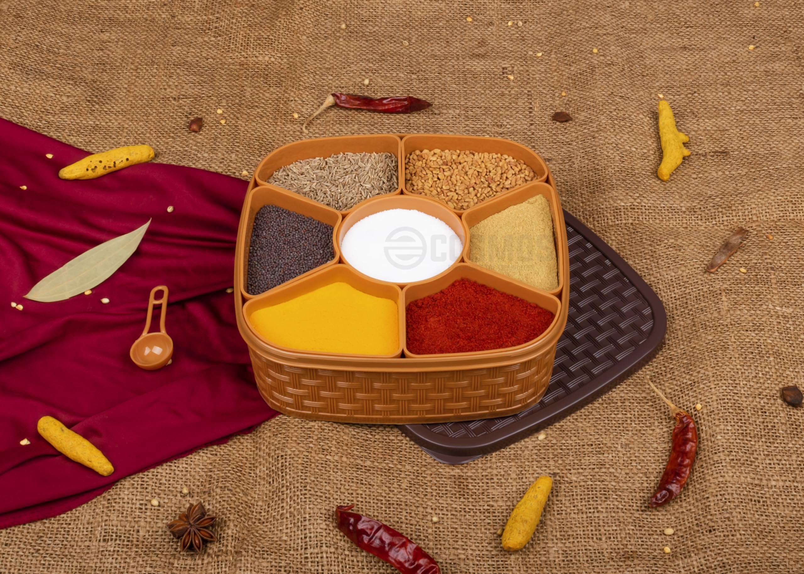 7-Section Plastic Square Masala Box Set - Multipurpose Spice Organizer for Indian Cooking, Rangoli & Storage - Brown (7-in-1) | Perfect for Kitchens, Pantries & Traditional Indian Decor
