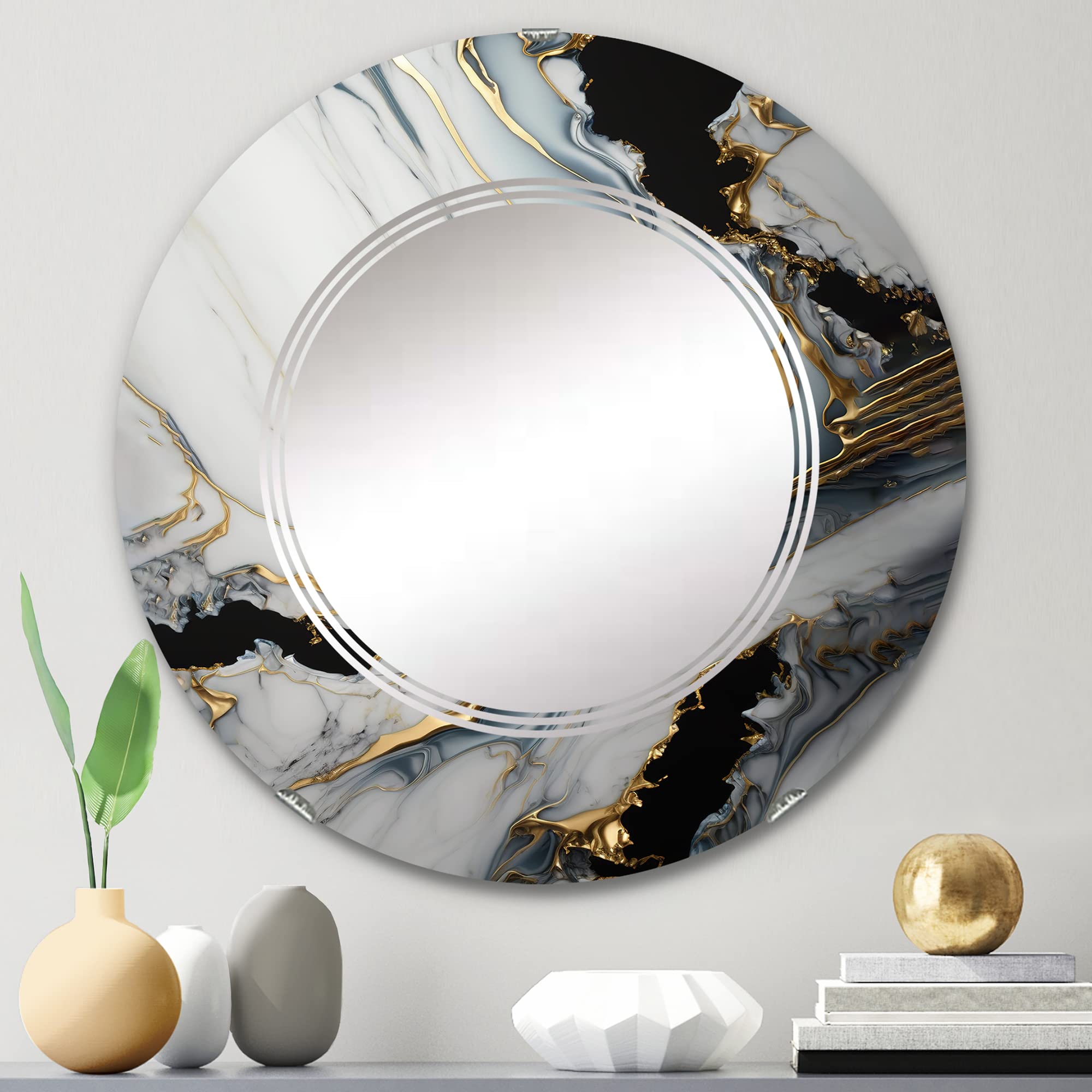 DesignQ Abstract Marble Wall Mirror - 24 Inch Oval & Round Modern Bathroom Vanity Mirror with Gold & Alabaster Geode Marble Print - Elegant Home Decor for Bathroom, Bedroom and Living Room