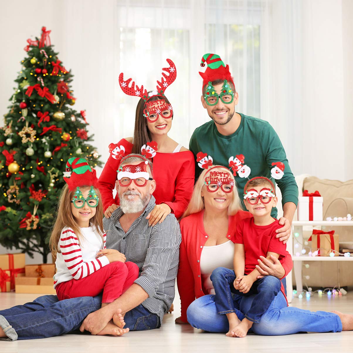 Toyvian 4pcs Christmas Glitter Headbands & 4pcs Party Eyeglasses Set - Kids Holiday Party Accessories for Christmas, Birthday, New Year Celebrations & Photo Booths