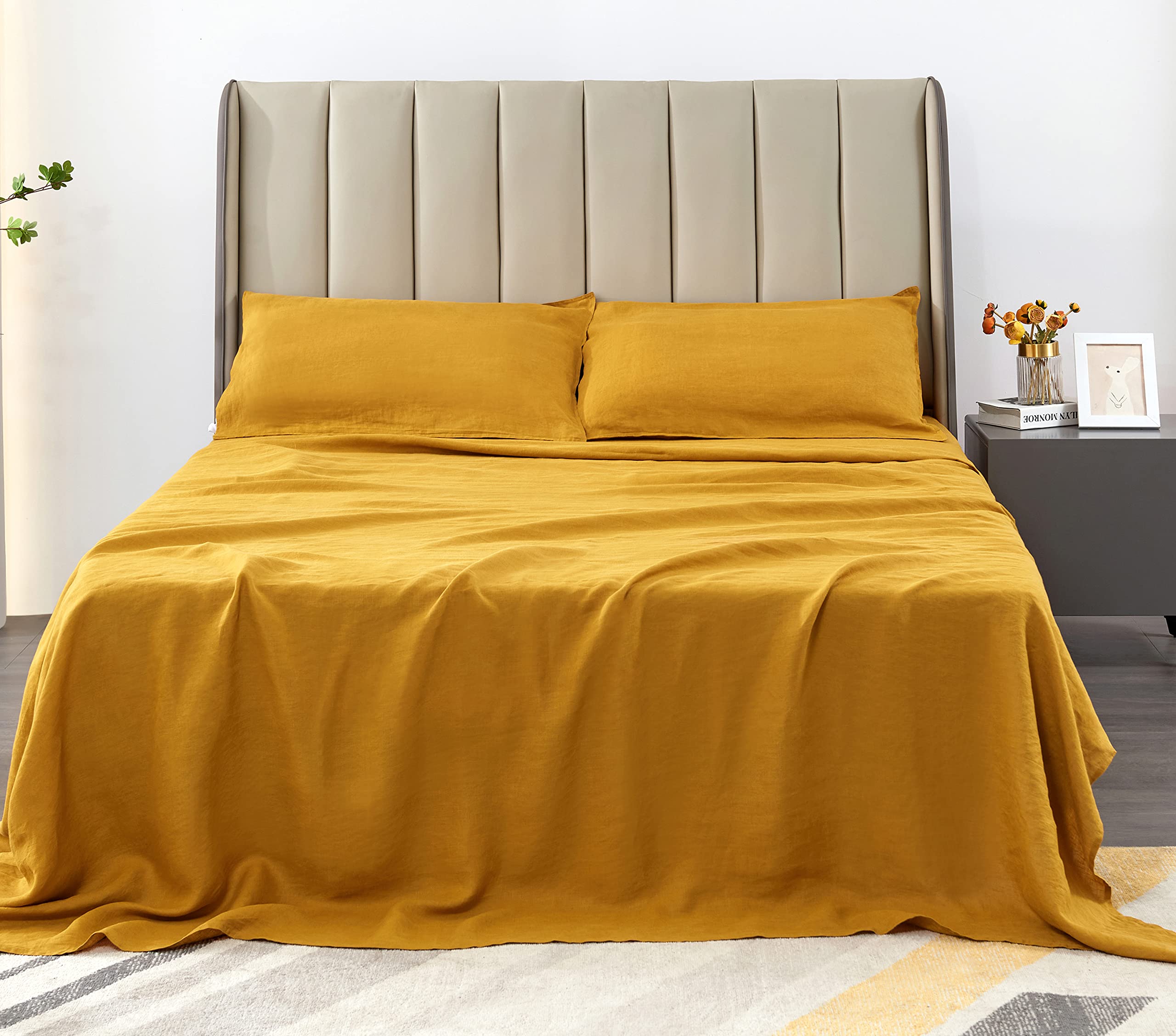 100% Organic Linen Sheets California King Size - French Flax Bedding Set 4pc (Stone Washed, Breathable, Yellow) | Luxury Eco-Friendly Bed Sheets for Master Bedroom & Guest Room