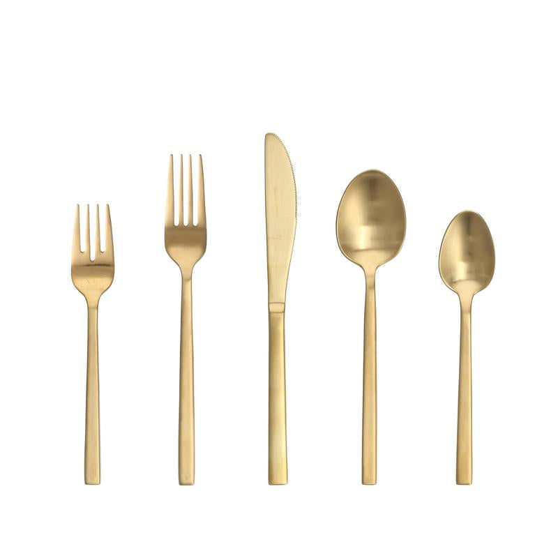 Arezzo Brushed Gold Flatware Set of 5 - Elegant Dinnerware for Formal Dining, Wedding Registry & Special Occasions