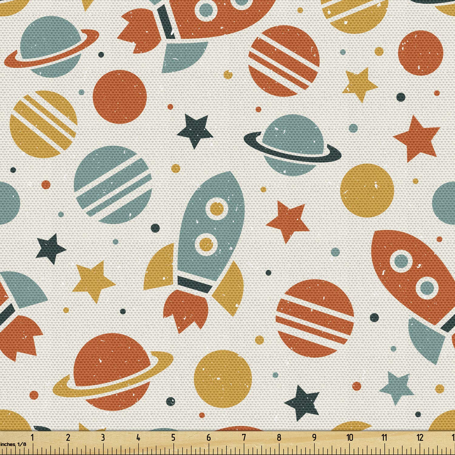 Ambesonne Space Fabric by The Yard - Colorful Universe Design with Planets, Stars & Rockets | Grunge Effect Decorative Fabric for Upholstery, DIY Projects & Home Decor | 2 Yards, Multicolor | Perfect for Curtains, Pillows & Wall Hangings
