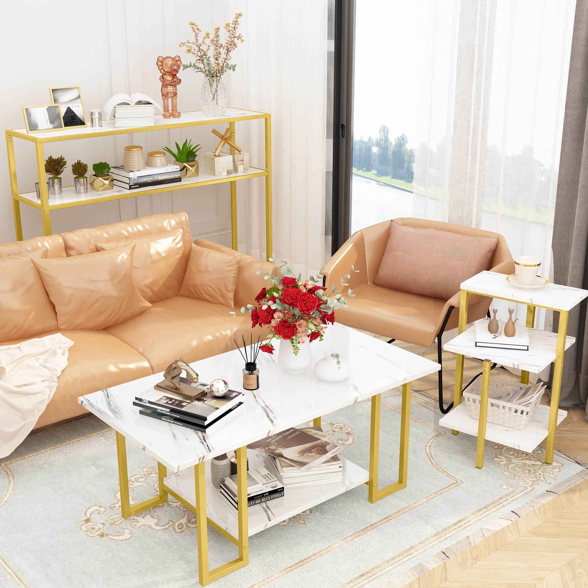 Mid-Century Modern Coffee Table Set of 3 - Faux Marble Top & Metal Frame Living Room Tables with Storage Shelves - Square End Tables for Bedroom, Office - Easy Assembly - Perfect for Small Spaces & Entertaining