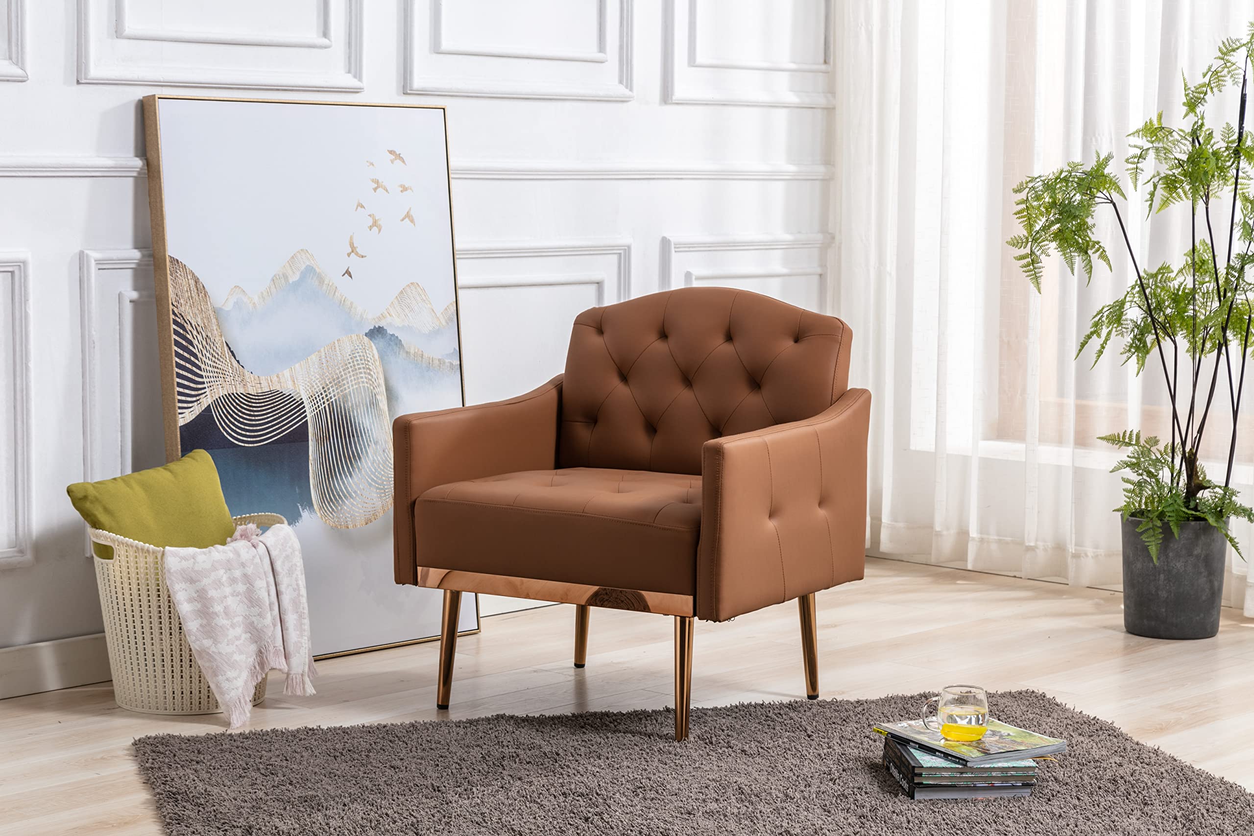 Modern PU Leather Accent Chair - Single Sofa Upholstered Armchair with Comfortable Cushion | Lounge Club Chair for Living Room, Bedroom, Office, Reading Nook & Dressing Room (Brown) - Stylish Home Decor & Relaxation Seating