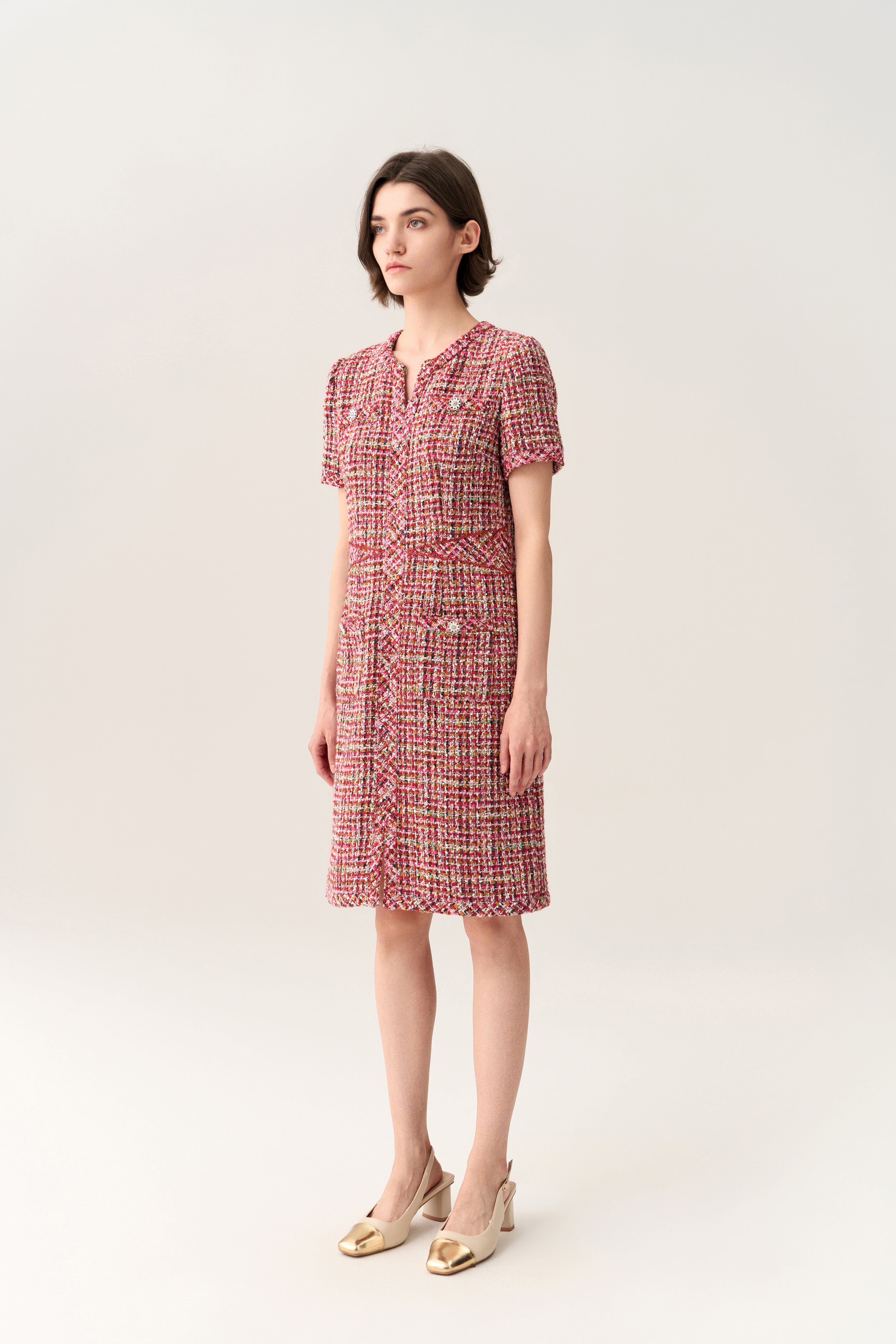 Elegant Short Sleeve Dress with Patch Pockets & Bead Details | Concealed Fastening | Perfect for Office Wear, Cocktail Parties & Summer Outings