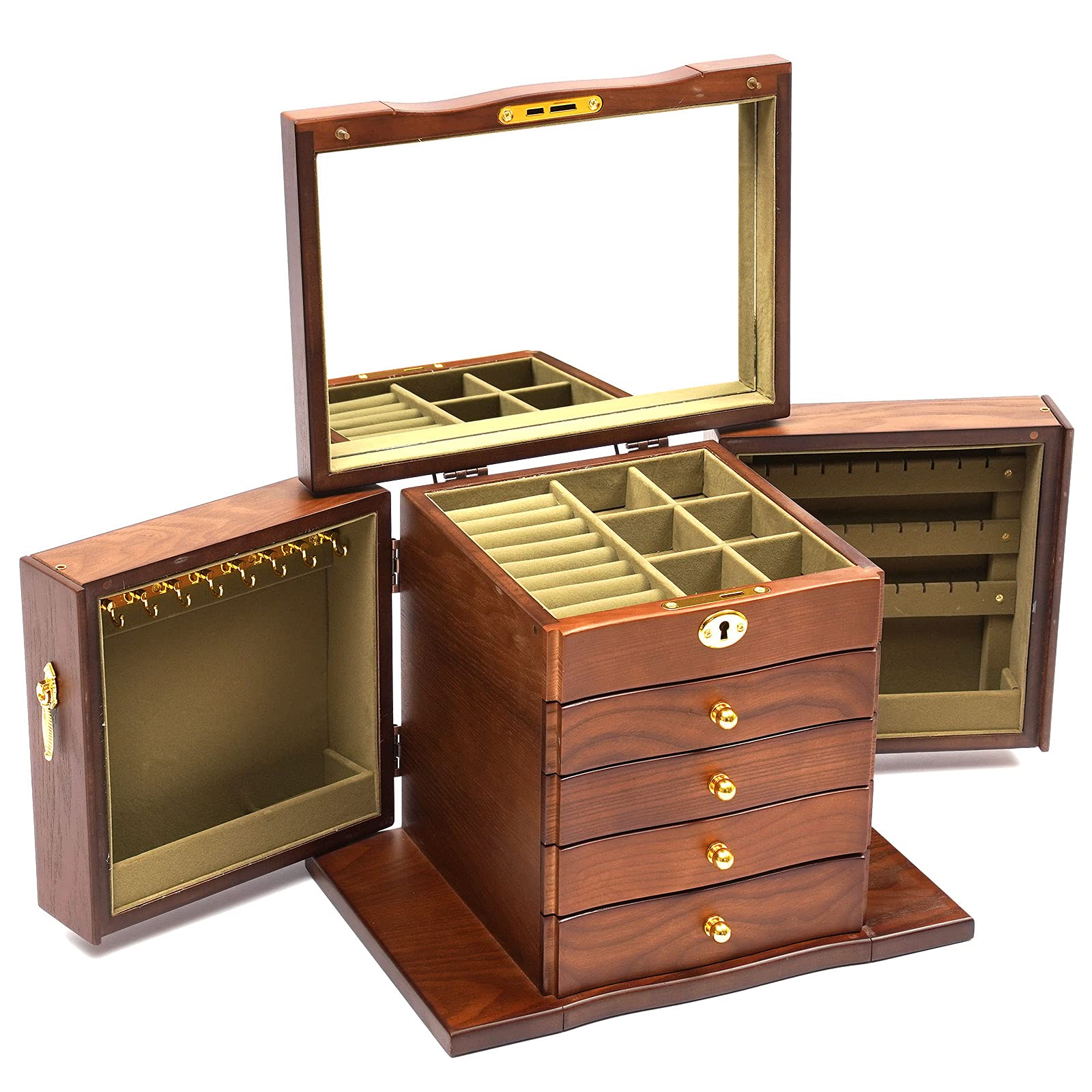 LOYALHEARTDY 5-Layer Wooden Jewelry Box with Mirror & Lock - Organizer for Rings, Necklaces, Watches - Perfect for Travel, Home Storage & Gift Giving