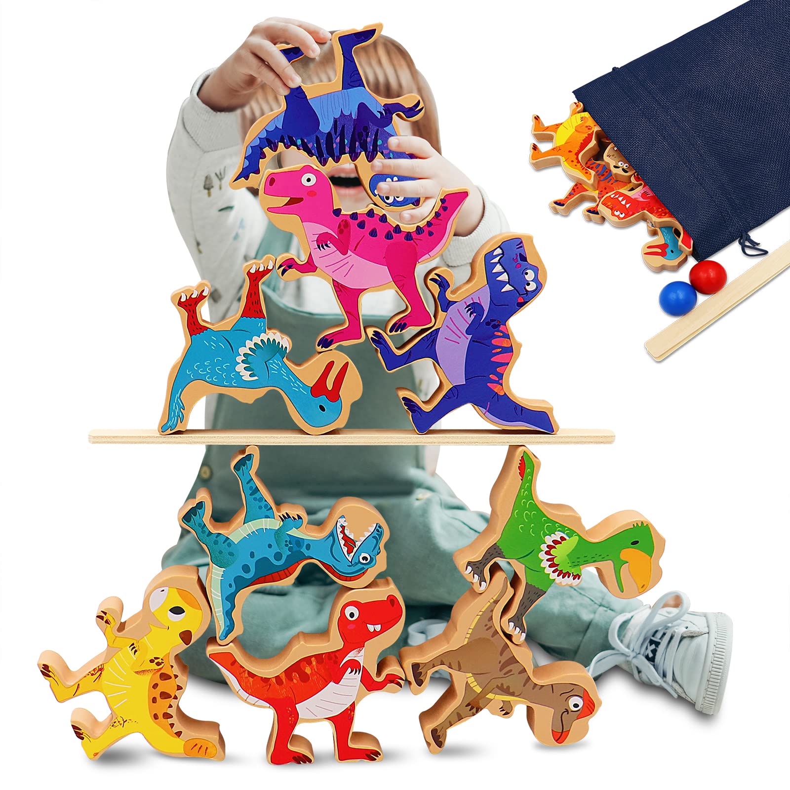 Montessori Wooden Dinosaur Stacking Toys for Toddlers 1-4 Years Old - Educational Learning Toys for Kids, Easter Basket Stuffers & Birthday Gifts - Perfect for Preschool Learning, Fine Motor Skills Development & Imaginative Play