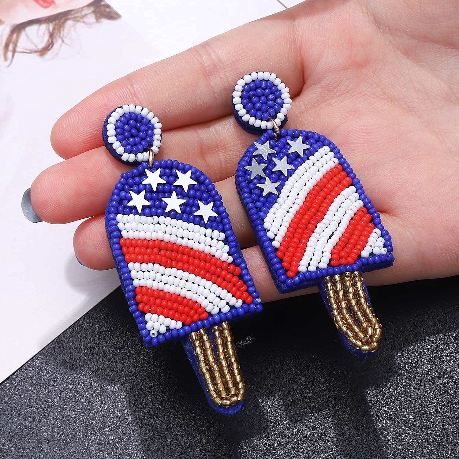 American Flag Beaded Drop Earrings for Women - Handmade Bohemian Patriotic Dangle Earrings, 4th of July Independence Day Party Jewelry Gift for Girls | Perfect for Festivals, National Holidays & Casual Wear