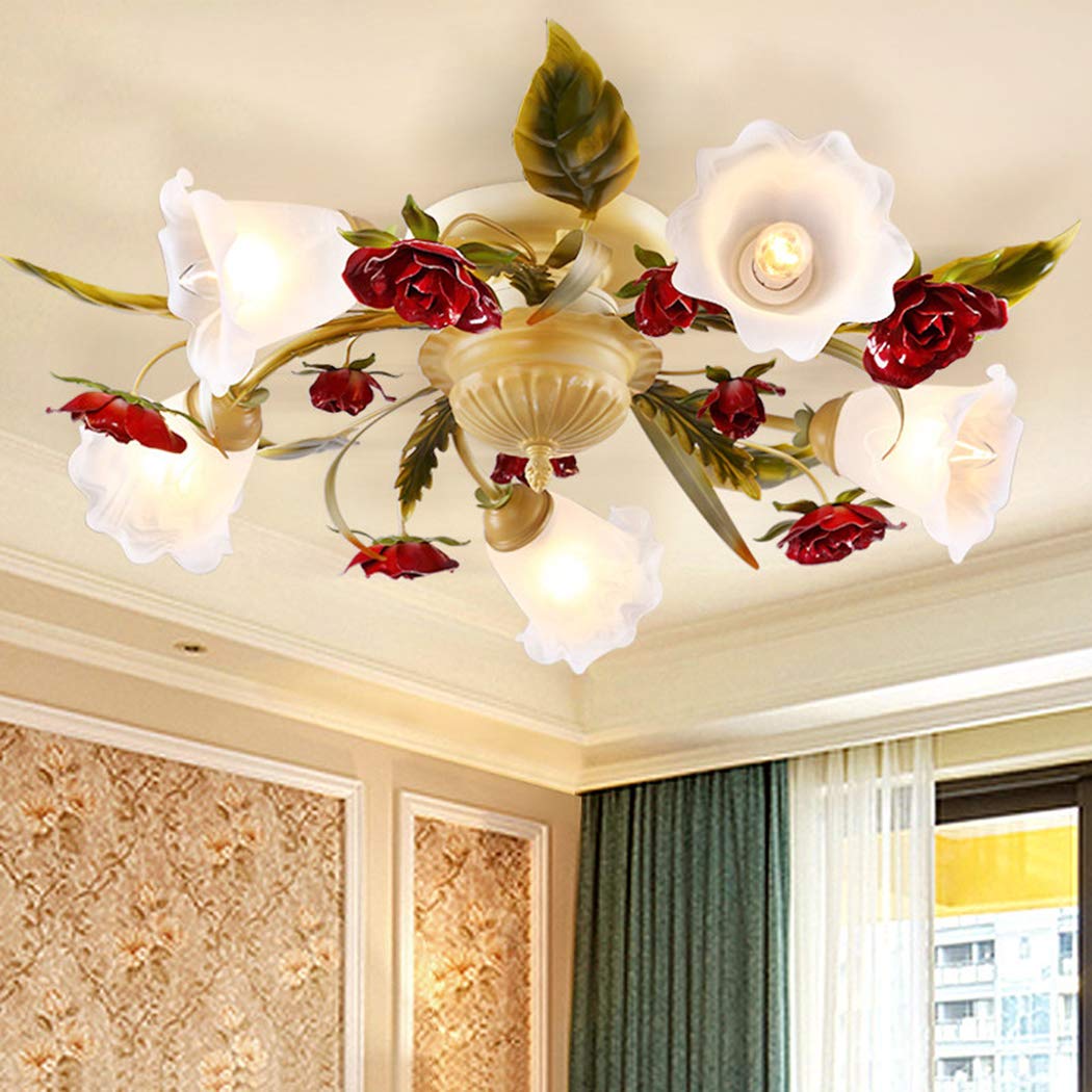 Romantic Rose Stained Glass Ceiling Light Fixture - 5 Head Floral Chandelier with E14 Bulbs (110-240V) for Bedroom, Living Room & Dining Room | Vintage Decor, Wedding Lighting, Home Ambiance