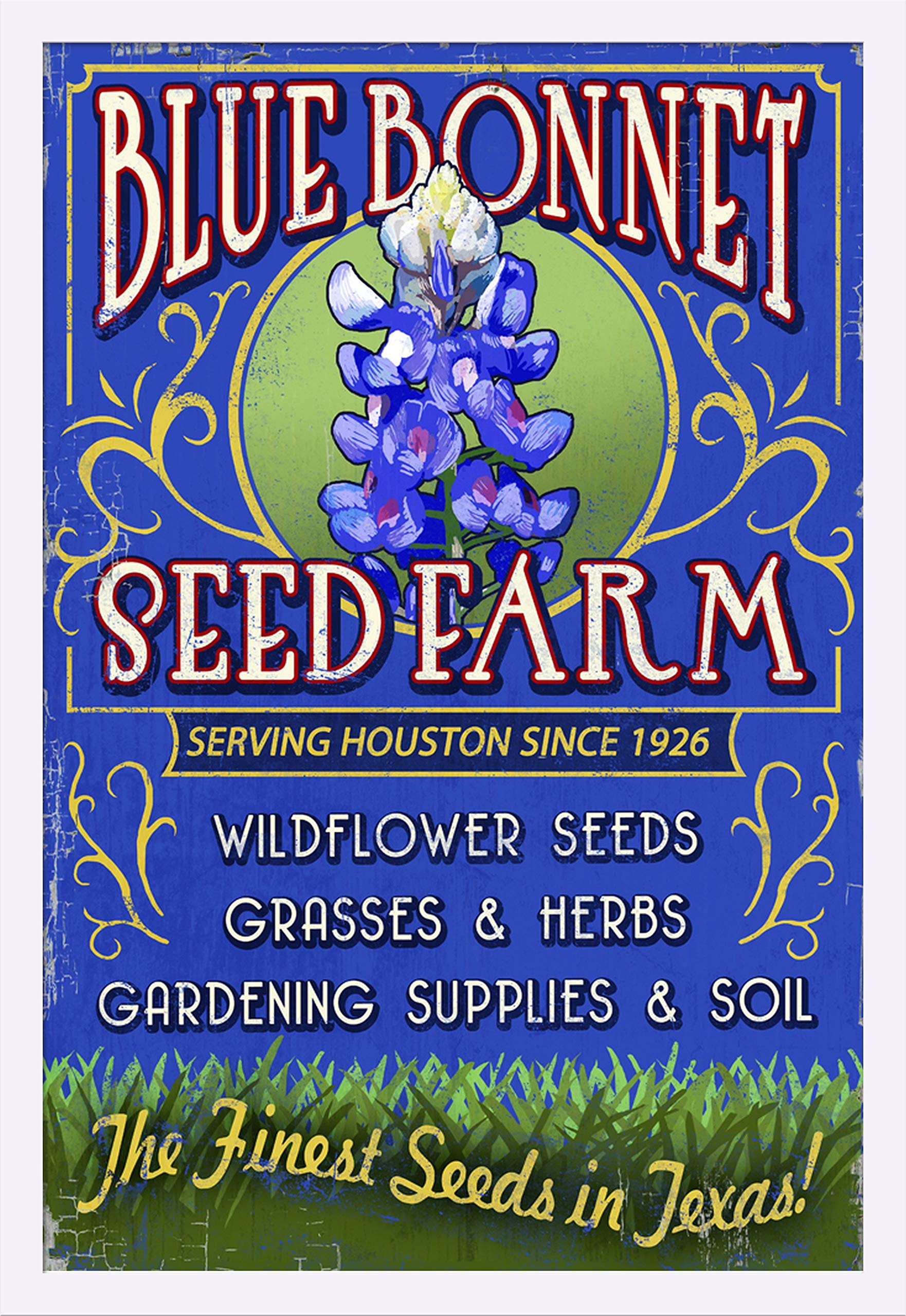Texas Bluebonnet Farm Vintage Sign - 24x36 Giclee Art Print, Gallery Framed in White Wood - Rustic Wall Decor for Country Home, Office or Cabin