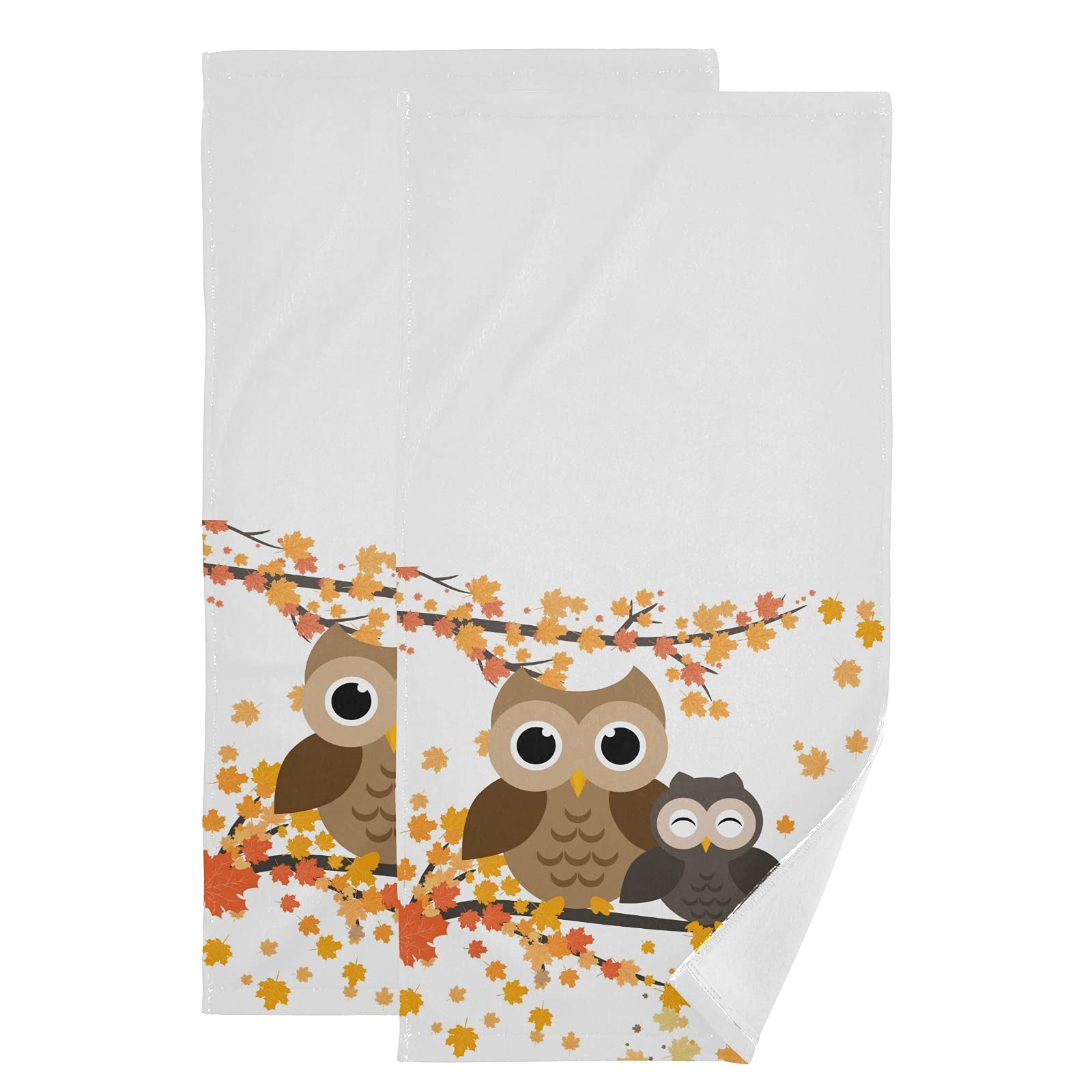 Autumn Owls Decor Bathroom Hand Towels - Soft Absorbent Fall Leaves Design Kitchen Dish Towels & Washcloths for Home, Hotel, Spa | Perfect for Holiday Decor, Yoga, Gym & Shower Use