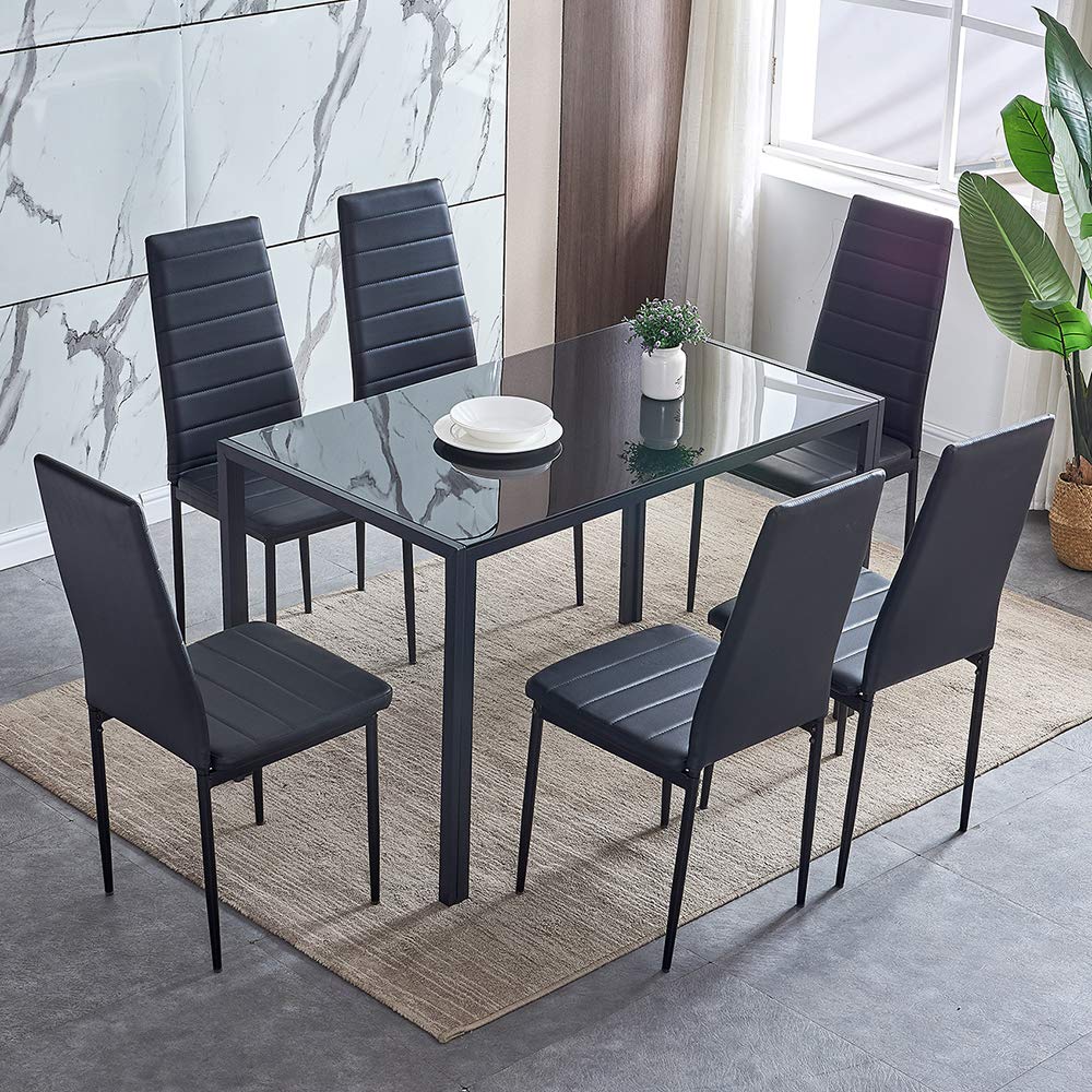 Modern 7-Piece Black Glass Dining Table Set with 6 Faux Leather Chairs - Tempered Glass Rectangular Kitchen & Dining Room Table for Family Gatherings & Dinner Parties