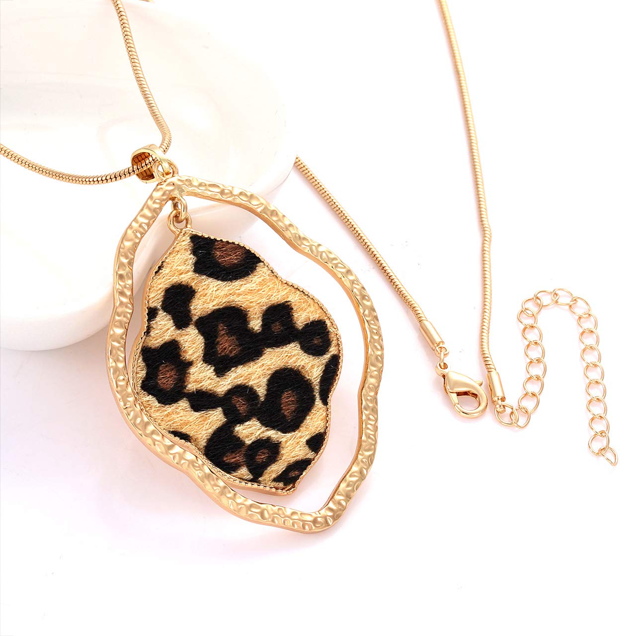 Women's Long Leopard Print Necklace - Gold Chain Leather Pendant for Casual & Party Wear | Animal Print Cheetah Fashion Jewelry for Everyday Style & Special Occasions