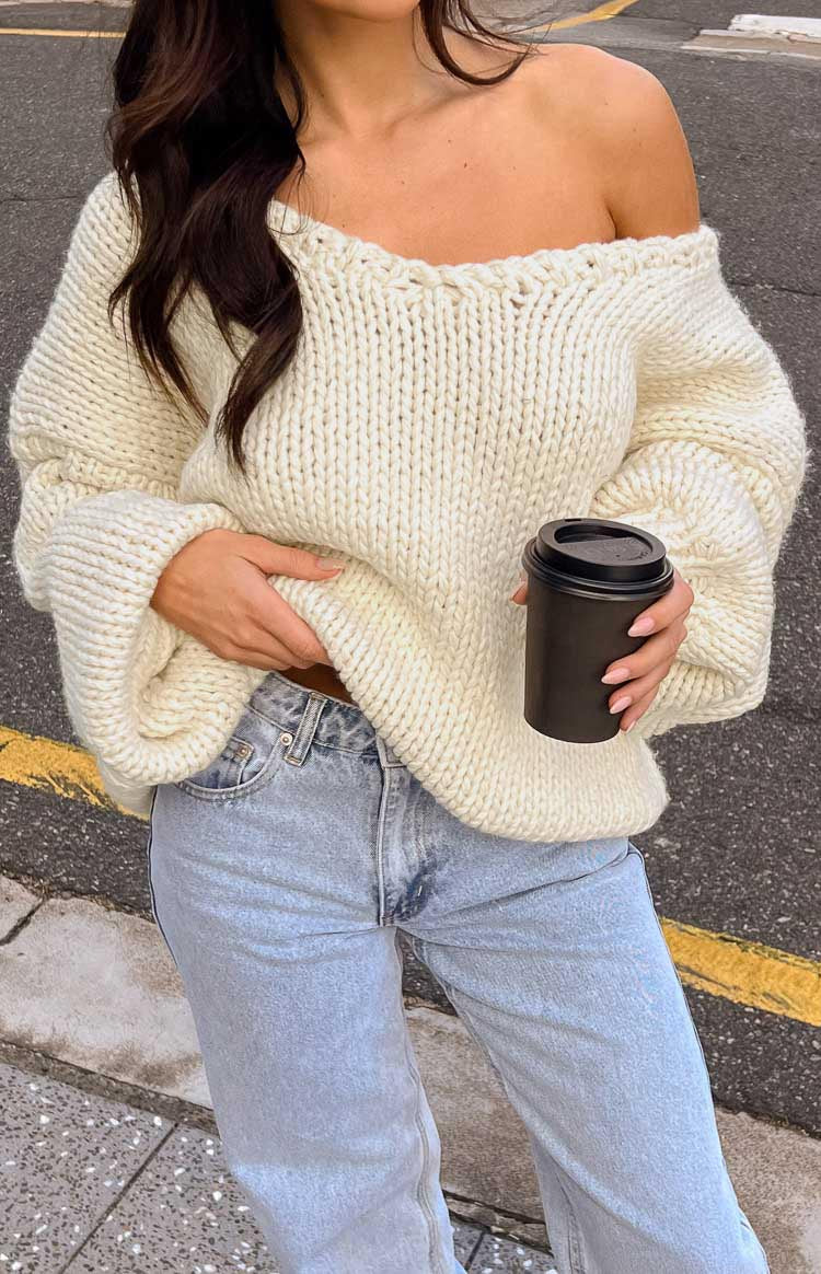 Delvey Cream Chunky Knit Sweater for Women - Soft Oversized Cable Knit Pullover - Cozy Winter Sweater for Casual Outfits & Cold Weather