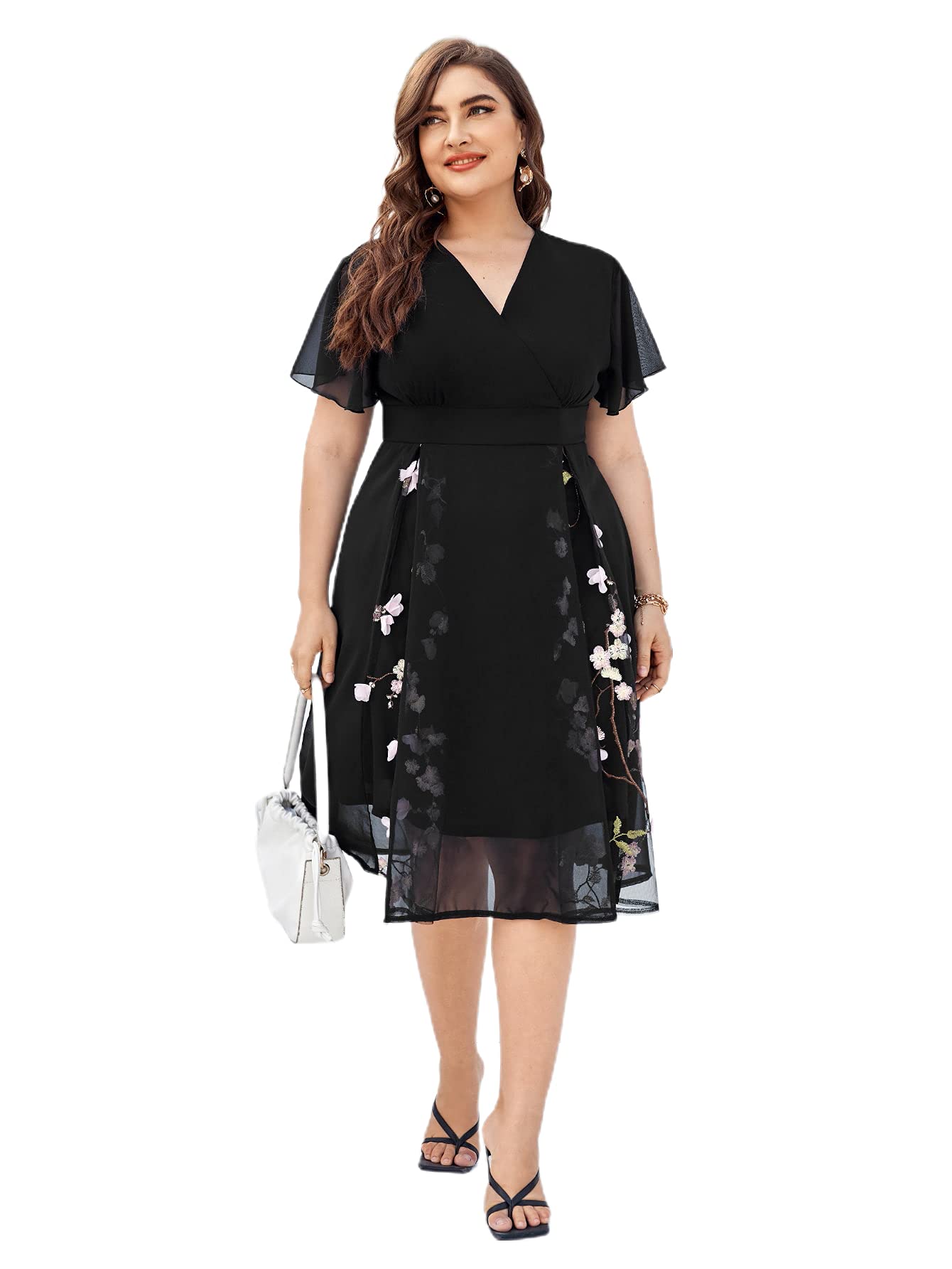 Floerns Women's Plus Size Floral Embroidery Wrap Dress - A-Line Midi Length with Mesh Short Sleeves & V-Neck | Perfect for Summer Weddings, Garden Parties & Casual Outings